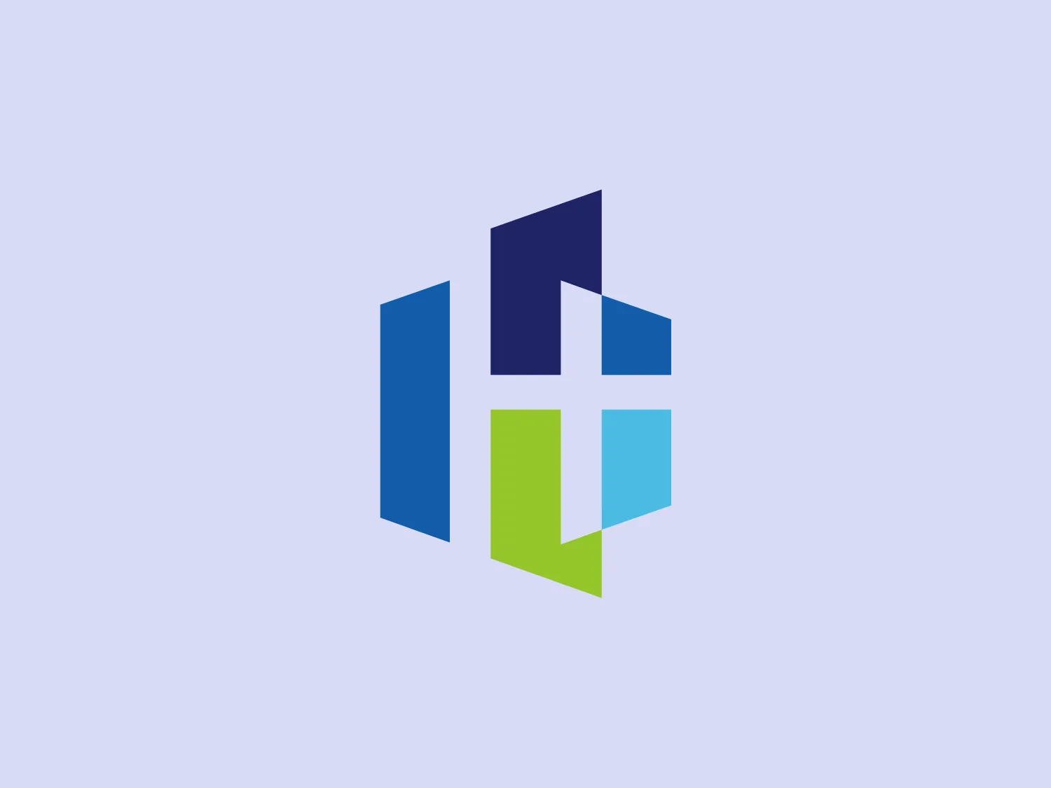The Higgins logo showcases an abstract, geometric design comprised of four stylized panels or building shapes that converge at the center to form a cohesive structure. The colors include a deep navy blue (#003366), a medium sky blue (#3399CC), a vibrant lime green (#99CC33), and a light sky blue (#66CCCC), creating a sense of professionalism with a dynamic, forward-thinking edge. The panels have different widths and heights, suggesting diversity and growth. The balance and symmetry in the logo give it a stable and reliable feel, while the use of negative space between the shapes adds a modern touch.