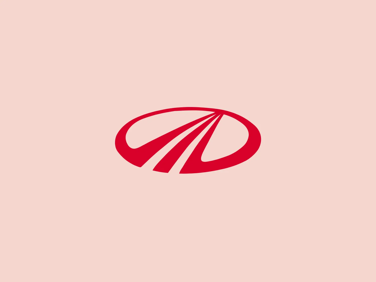 The Mahindra logo is a stylized, abstract design featuring seven curved red stripes that converge towards the upper right, creating a sense of movement and energy. The stripes are encased within an incomplete red elliptical ring, adding to the logo's modern and sleek aesthetic. The vivid red color stands out well against a plain white background.