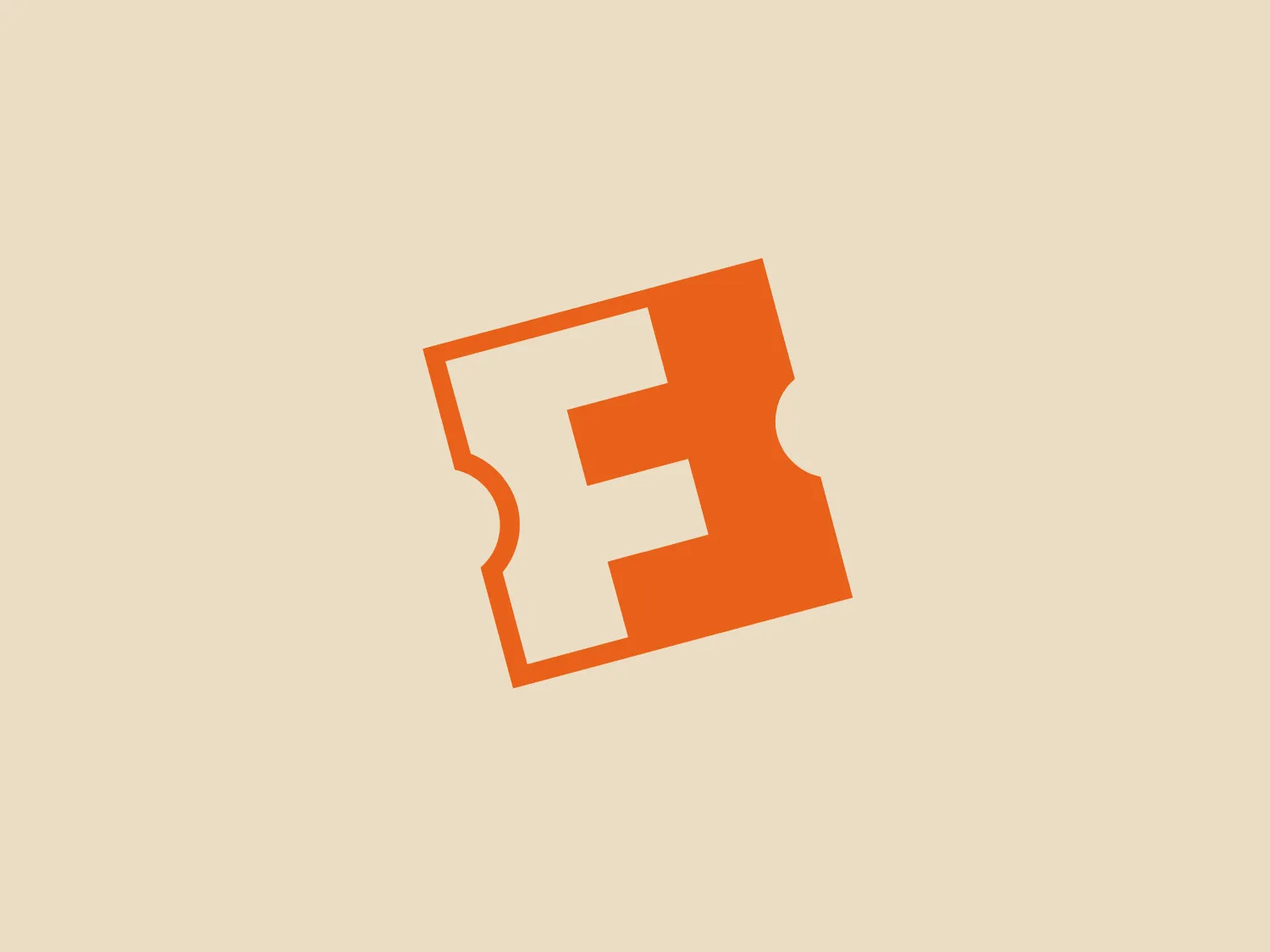 The Fandango logo features a stylized uppercase letter 'E' in a bold orange color with a white border. The orange has a hex code close to #FF6A00. The letter is positioned centrally within a shape reminiscent of a ticket or a label with two curved indentations on the opposing sides, giving it a dynamic and contemporary look. The simplicity of the design and the bright, contrasting colors give the logo an energetic and modern aesthetic that is versatile and easily recognizable. Hexcode: #F7DED6