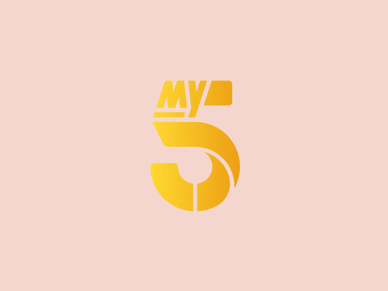 The Channel 5 UK logo features the word "MY" in uppercase letters, followed by a forward slash and the number 5. The design uses bold, geometric shapes with sharp angles and straight lines, giving it a modern, digital look. The color of the logo is a gradient of a vibrant yellow-orange hue that radiates energy and innovation. An interesting feature of the logo is the slash that cuts through the upper right corner of the 'M' and the incorporation of negative space within the '5', which creates a dynamic visual effect.