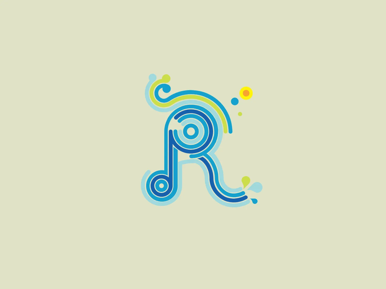 The Ramayana Water Park logo features a stylized, playful, and organic design. The primary shape resembles the capital letter 'R' with flowing lines and rounded edges, suggesting movement and fluidity. The 'R' is comprised of multiple lines in gradient shades of blue and aqua, with the darkest shade defining the core structure. Accent elements in yellow and light green add a pop of contrasting color, complementing the coolness of the blues. The design has a fresh and energetic feel, indicative of creativity and modernity. This logo's aesthetic would be well-served by a background that doesn't overpower its vibrant colors.