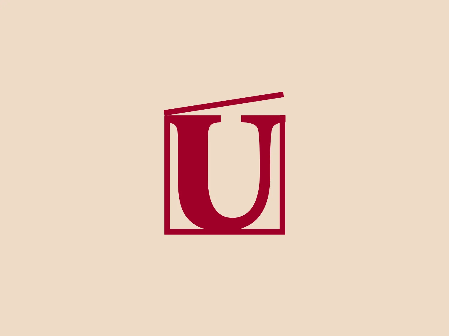 The image features a stylized logo with a bold, maroon-colored letter "U" from Open Ukraine Foundation centered within a square frame of the same color. The "U" has a modern design, with straight lines and curves creating a sleek, contemporary feel. The square frame has slightly rounded corners, softening the overall geometric rigidity. Interestingly, the letter itself touches the frame at its corners, giving an integrated and cohesive appearance.