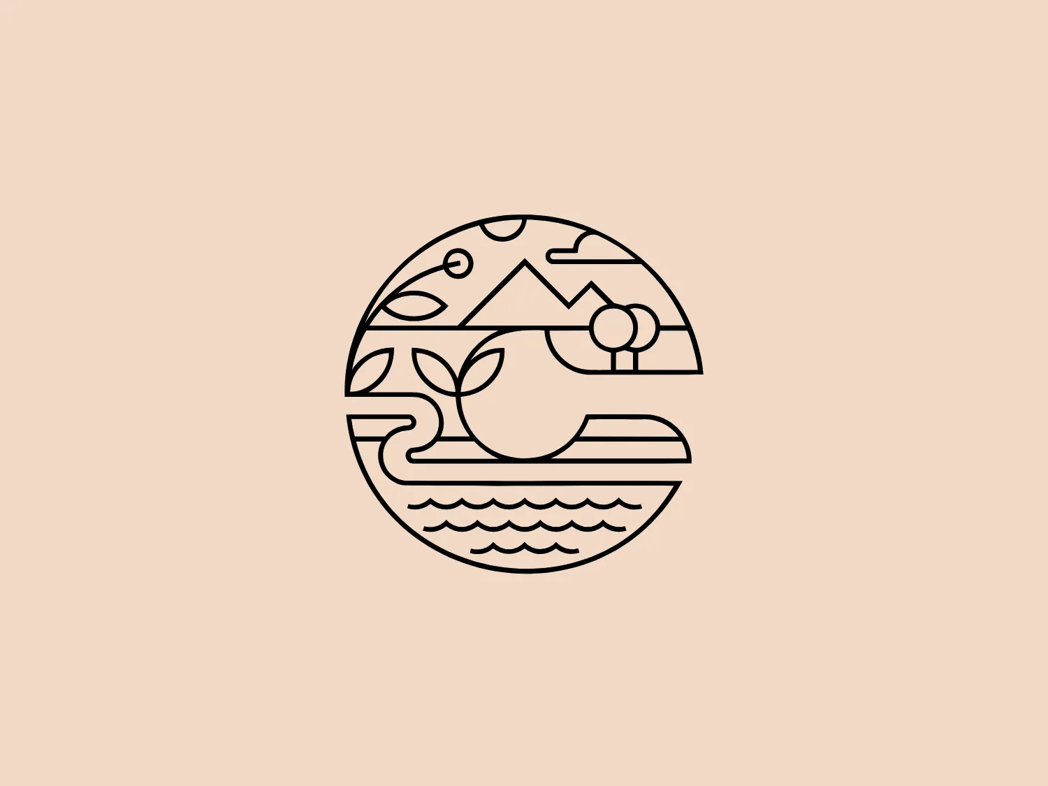 The Cantabrian logo is a circular emblem with a stylized landscape and seascape contained within its border. It features a mountain with a sun peeking from behind its peak, a tree indicating a forested area, and waves below representing the sea. Each element is segmented within the circle, suggesting a sense of balance and harmony between different natural environments. The logo uses black outlines on a white background, conveying a minimalist and modern aesthetic that is both serene and well-ordered.