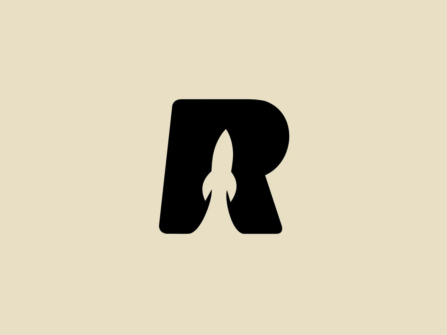 The Rocket Holding logo incorporates a bold, black uppercase letter 'R' with a distinctive cutout in the center, resembling a rocket or shuttle. The design exudes modernity with sharp lines, imbuing a dynamic and forward-moving character, evoking a sense of speed and advancement that complements the rocket motif. The overall aesthetic is minimalist, making it an excellent fit for a tech or aerospace company.
