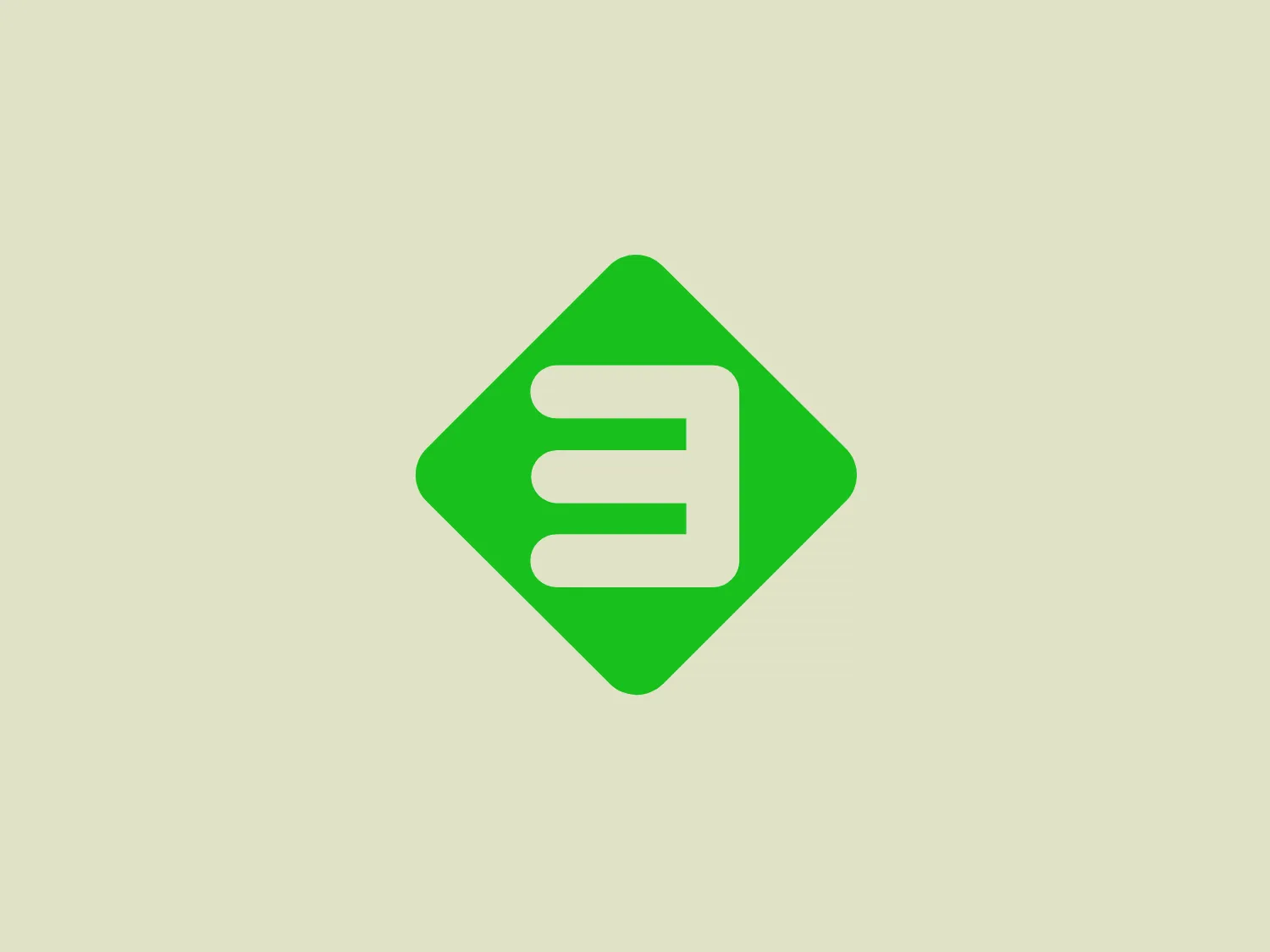 The NPO Radio 3 logo consists of a bold, stylized lowercase letter 'e' centered within a rotated square, also known as a diamond shape, which creates a dynamic and modern feel. The 'e' is designed with three horizontal bars that vary slightly in length, giving it a sense of movement and fluidity. These elements are colored in a vivid and bright green hue that speaks to a sense of freshness, growth, or eco-friendliness. The simplicity of the design suggests a clean, contemporary aesthetic that would be easily recognizable and versatile for various branding purposes. It's a minimalist design that conveys innovation and efficiency.