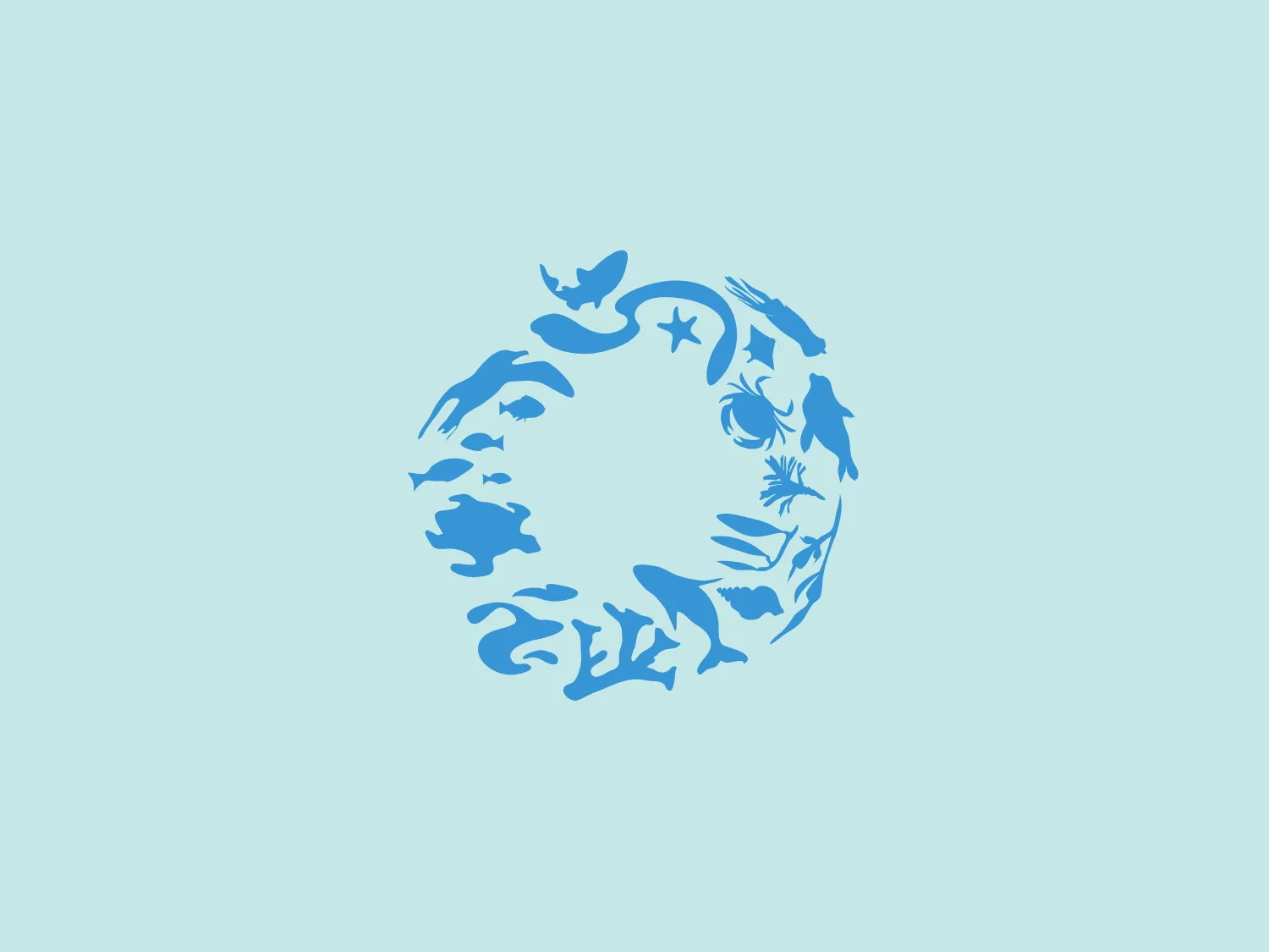 The Ocean Conservancy logo features a circular design with medium blue marine life silhouettes including dolphins, turtles, fish, a shark, a seahorse, and coral. The intertwining silhouettes convey harmony and interconnectedness within the ocean ecosystem. The clean and organic design smoothly transitions between forms, creating a sense of motion and life. The clever use of negative space allows each creature's shape to be clearly defined by its outline.