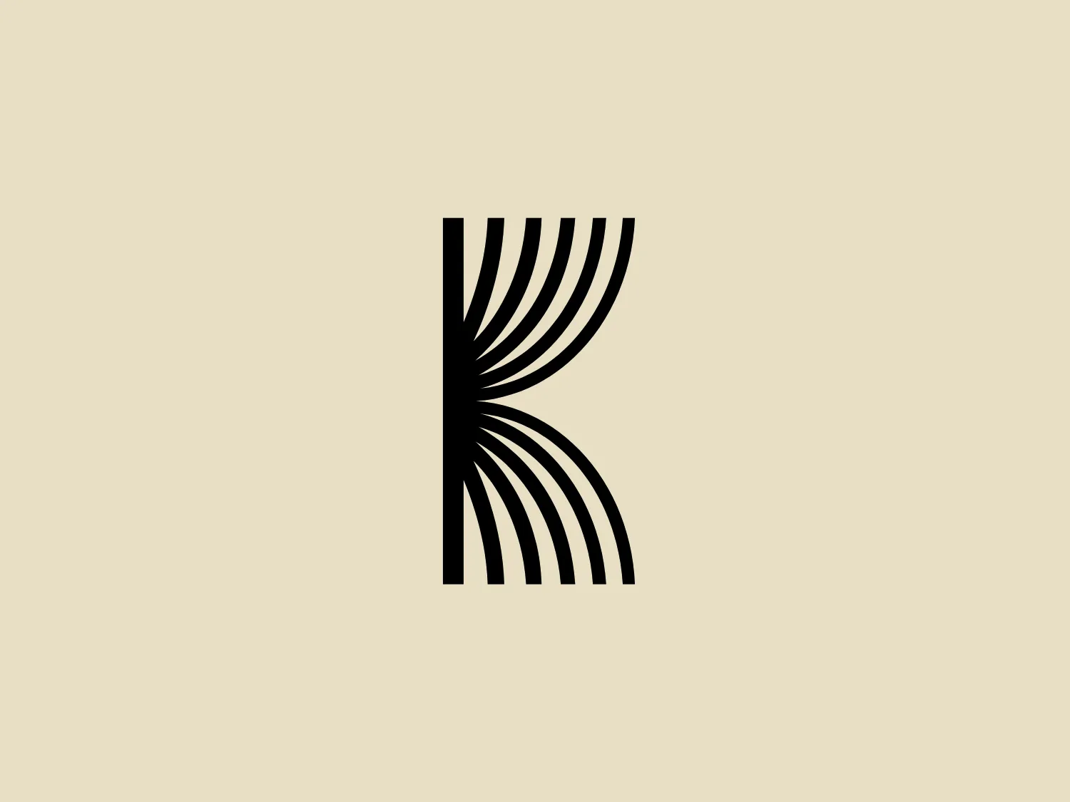 This image features a stylized logo that resembles the letter "K". The design includes a series of black, curved parallel lines that start thicker at the top and bottom and taper towards the central axis of the logo, creating an effect reminiscent of a spine or a set of winding paths. The negative space between the lines forms the "K," which stands out against the stark simplicity of the black and white color scheme. The overall design aesthetic is modern, minimalistic, and dynamic, suggesting movement and flexibility. Given the monochromatic nature of the logo, a background color that offers a subtle contrast without overwhelming the design would be suitable.