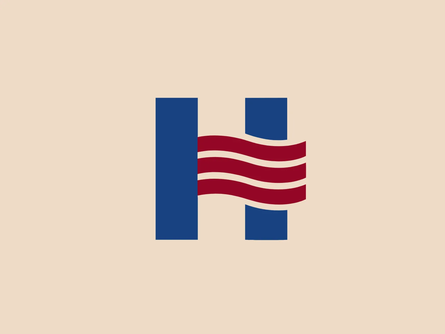 The Iowa Hospital logo features a stylized letter "H" created by using negative space and color contrasts. Two bold vertical bars in a deep blue color (#273B8A) frame a series of horizontal wavy lines in a vibrant red (#BA0C2F), which flow between the bars to imply the letter's horizontal connection. The design aesthetic is modern and dynamic, with the wavy lines adding a sense of motion and energy to the otherwise geometric and sturdy letterform. The logo is simple yet striking, with the choice of colors echoing a patriotic or corporate theme.