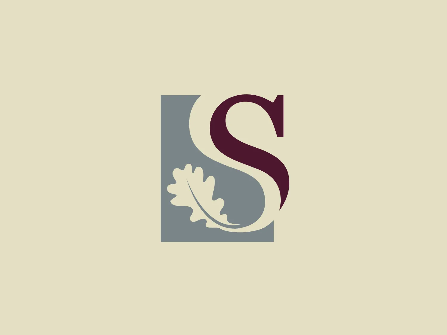 The Stellenbosch University logo features a bold, stylized letter "S" in a deep maroon color, overlaying a grey rectangular background with rounded corners. Within the curve of the "S", there's a white oak leaf silhouette, which adds an organic touch to the design and contrasts with the geometric shapes. The aesthetic is modern and clean, with a touch of nature conveyed through the leaf motif. The color scheme is sophisticated and suggests a brand with an elegant and possibly eco-friendly focus.
