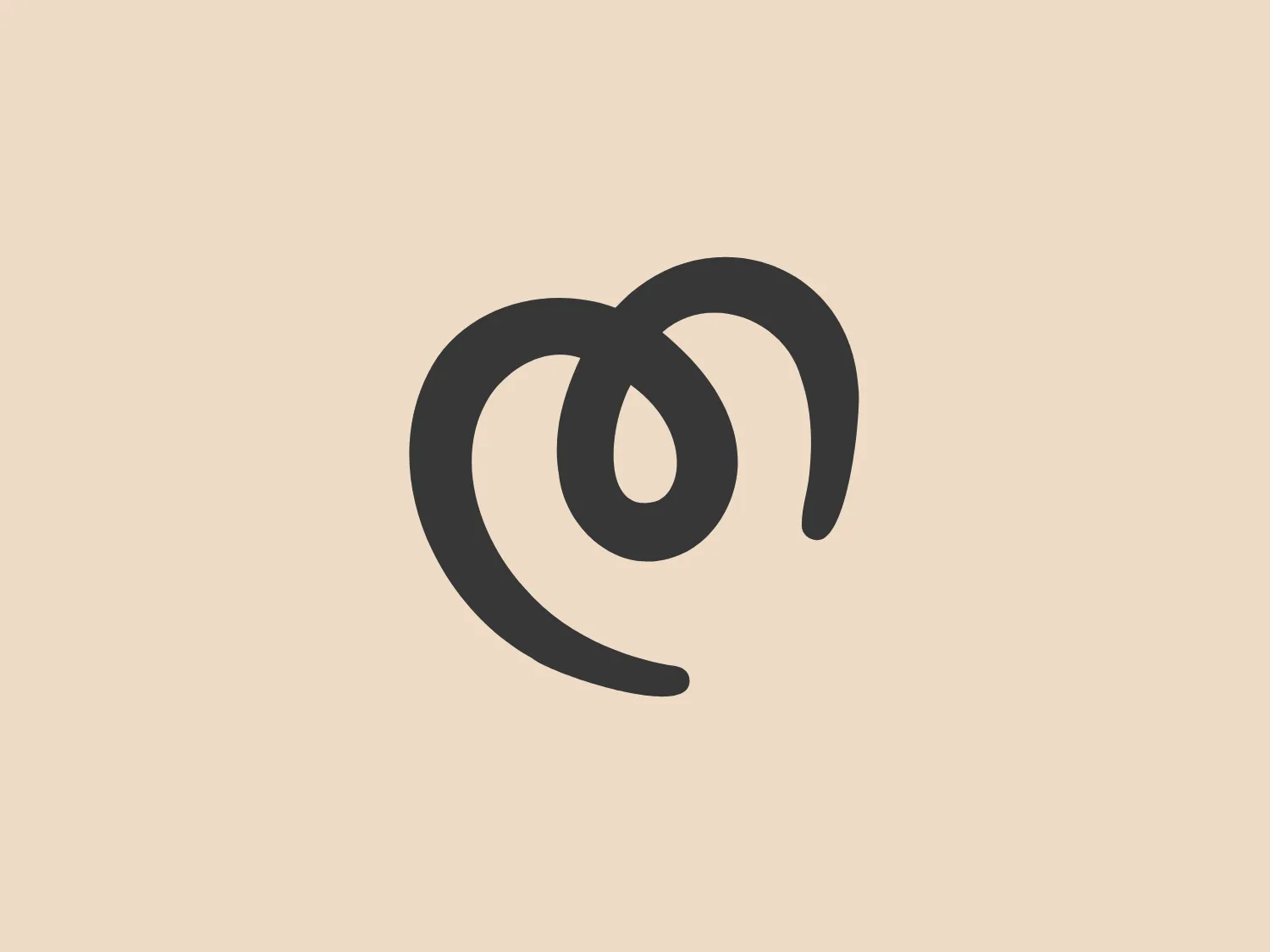 The image features a stylized, abstract logo of smooth, curved lines arranged to create a symmetrical, organic form. The design resembles a simplified script with an artistic touch and utilizes negative space within the loops, creating a continuous flow. Colored in a muted, soft shade of red with a matte finish, this minimalistic emblem exudes elegance and fluidity.