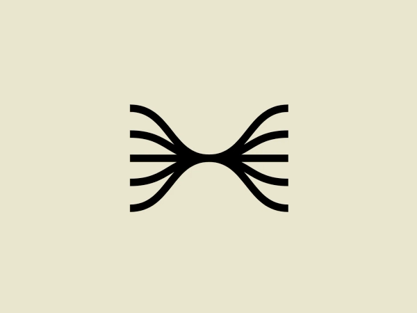 The Harmonic Discovery logo features a symmetrical, abstract design with a central, horizontal, elongated, curved shape that creates an hourglass or bow-like appearance. Thin, uniform, black lines radiate from the central shape, resembling the spread wings of a butterfly or eye lashes. The consistent thickness and stark black against a plain white background give the logo a clean, modern, and sophisticated look.