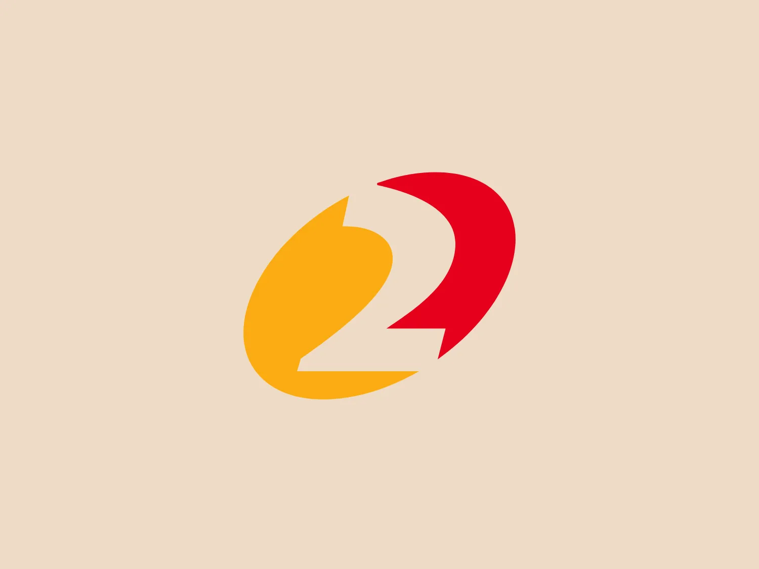 The Kanal 2 logo features an abstract, stylized design consisting of three overlapping shapes, creating a flame or dynamic swirl effect. The design includes a bright red arched element, a golden yellow form, and an off-white or very light shade shape along the bottom. The interplay of these shapes suggests motion and energy, with the red and yellow colors evoking warmth and vibrancy. The overall design is modern and bold, with a clean and smooth aesthetic.