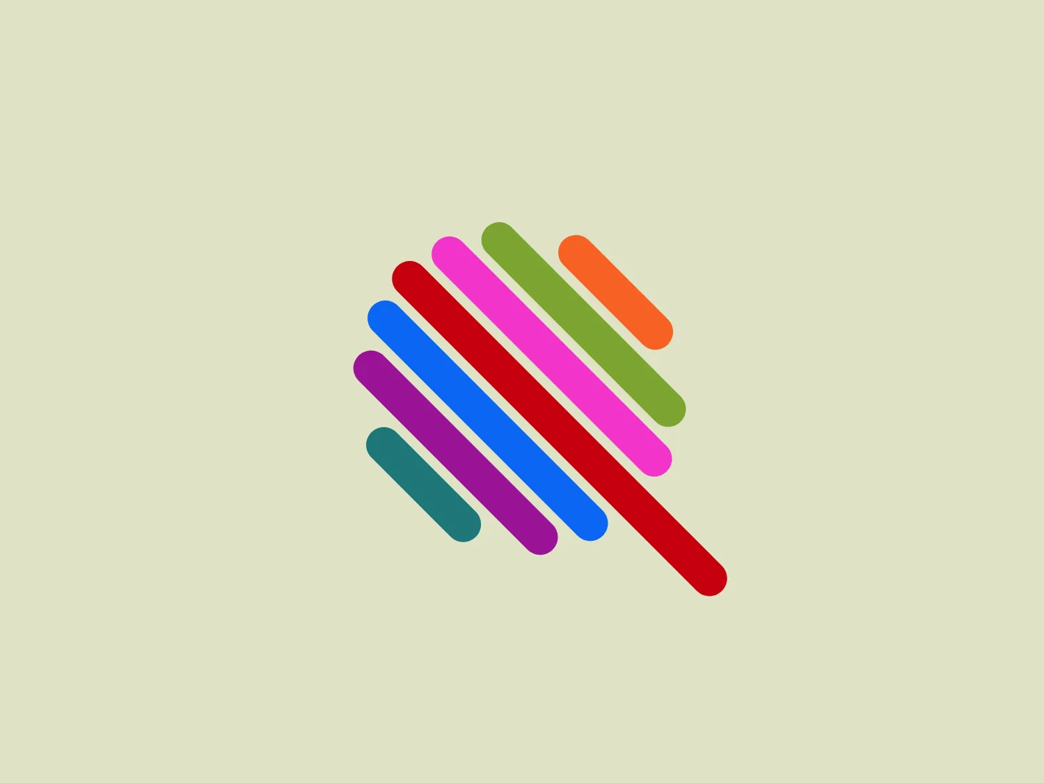 The logo for Quotidien TV features a series of six horizontal lines with rounded ends, arranged in a dynamic, slanted pattern. Each line showcases a vibrant color - red, orange, green, blue, violet, and magenta - creating a colorful aesthetic. The lines are offset, with the top three slightly shorter and the bottom three extending further, suggesting motion and energy. The design evokes creativity and diversity with its bold simplicity.