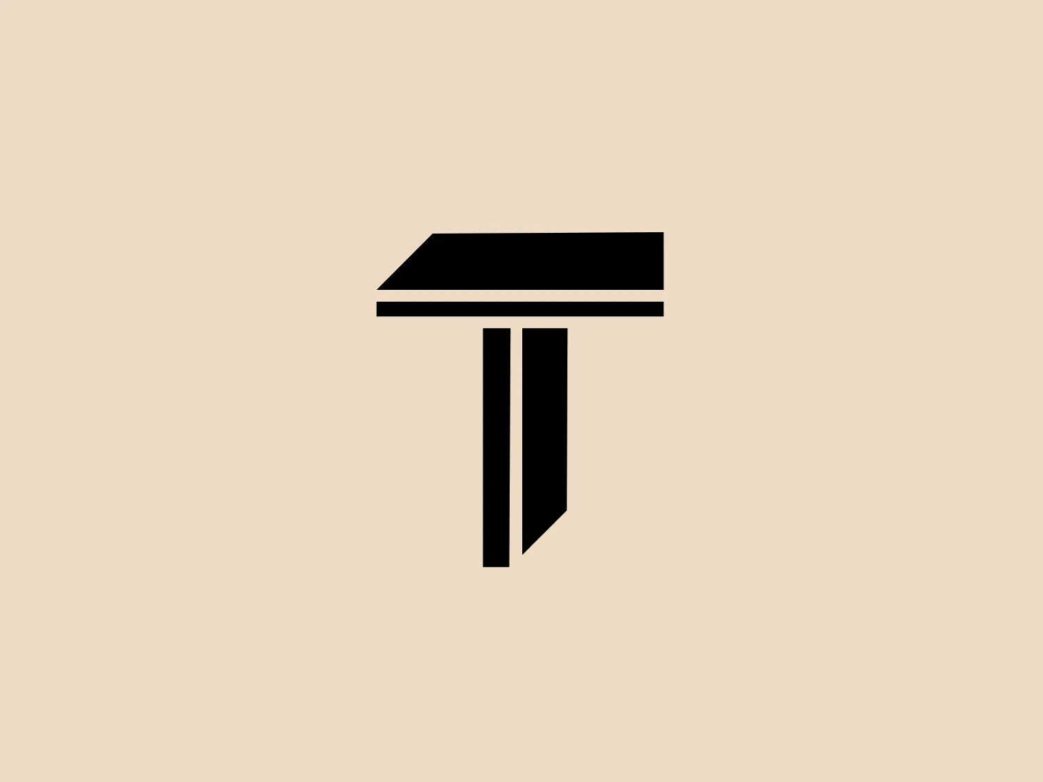 The logo presented is a stylized, abstract depiction composed of geometric shapes which could be interpreted as the letter 'T.' The shapes are rendered in a solid black color with clean lines, giving it a modern and minimalist appearance. The primary elements consist of a horizontal rectangle sitting atop a vertical line that transitions into a right-angled triangle, with the hypotenuse facing down and to the right, suggesting a sense of direction or movement. The sharp contrast between the black figure and a potential light background would accentuate its boldness and simplicity.