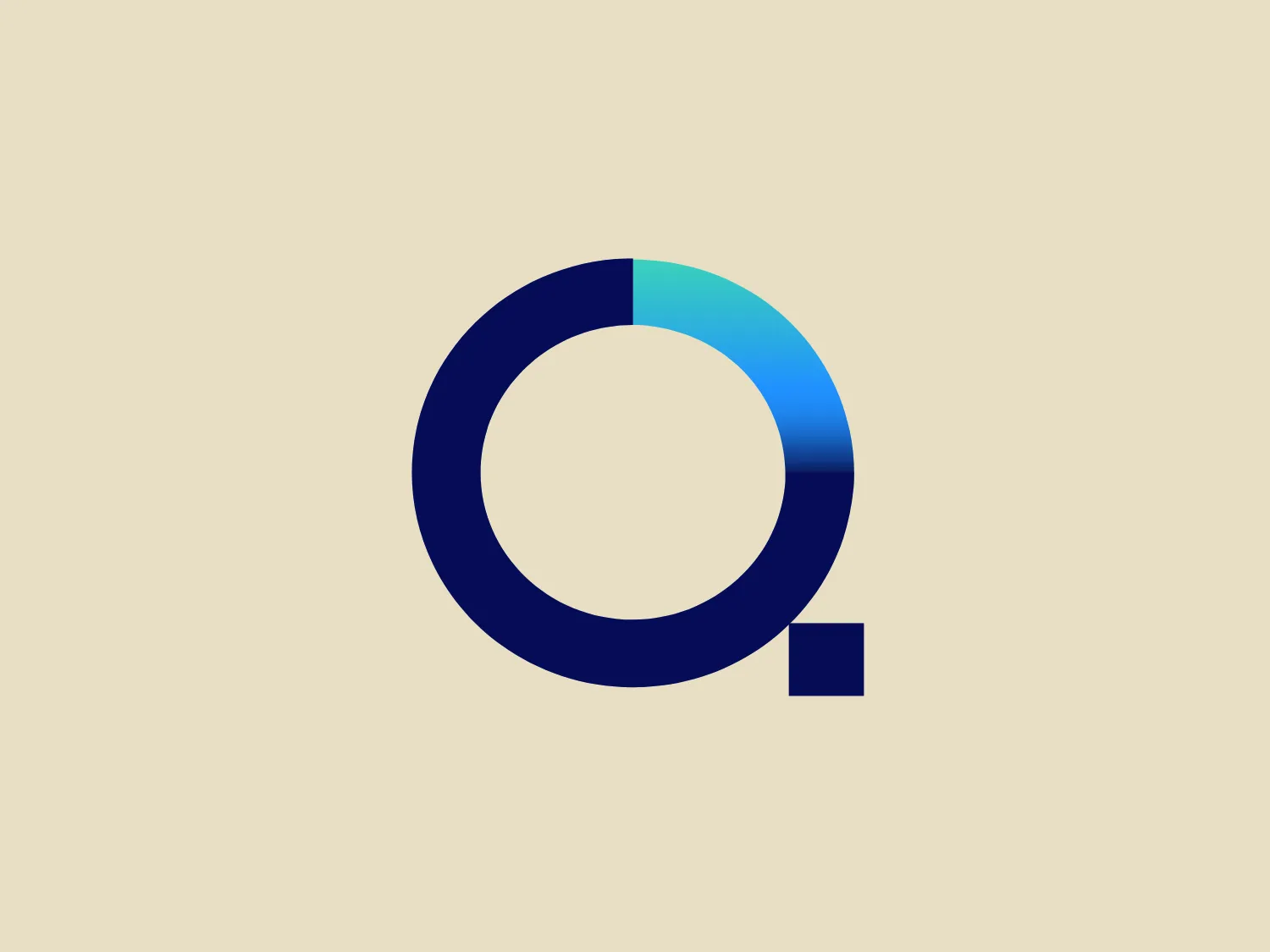 The logo for Quasar Med consists of a bold and modern letter "Q" in a minimalist design. The primary shape is a thick circle with a gap at the top right, and a small square that projects from the lower right of the circle, creating the tail of the "Q." The color palette is a gradient of blues, ranging from a deep navy to a lighter sky blue on the upper segment and progressing into a darker teal on the lower segment, giving the logo a dynamic and contemporary feel.