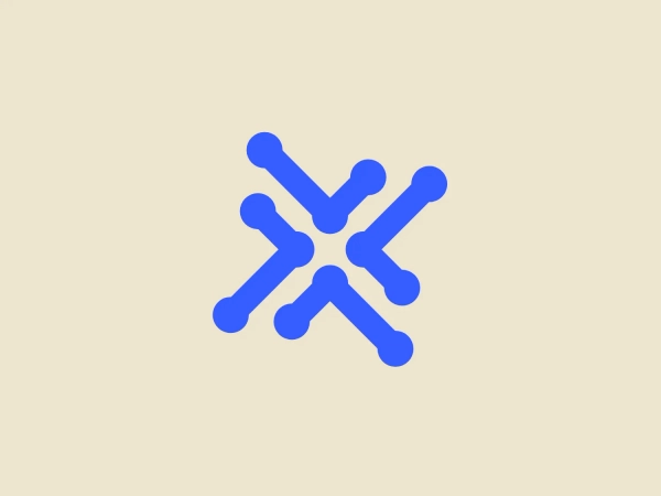 The xDAO logo features a stylized X shape, made up of four elongated teardrop forms with rounded ends that converge in the center, creating a dynamic and interconnected appearance. The logo is presented in a vibrant shade of blue, which gives it a sharp and modern feel. The use of negative space where the shapes meet adds depth and complexity to the design. This sleek geometric form conveys a sense of technology or networking. Considering the design's color and style, a subtle background that complements this without overwhelming it would be ideal.