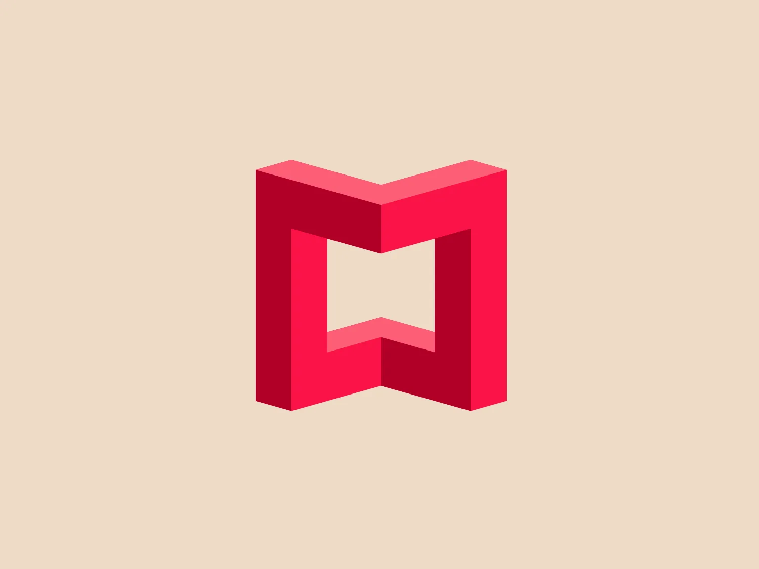 The Matterport logo presents a stylized letter 'M' with a three-dimensional effect, consisting of various shades of pink and red. It features sharp angles and clean lines that give it a modern and geometric appearance. The clever use of gradient and shadowing creates an illusion of depth, making the 'M' appear to stand upright. The overall design aesthetic is contemporary and sleek, suitable for a brand aiming to convey innovation and sophistication.