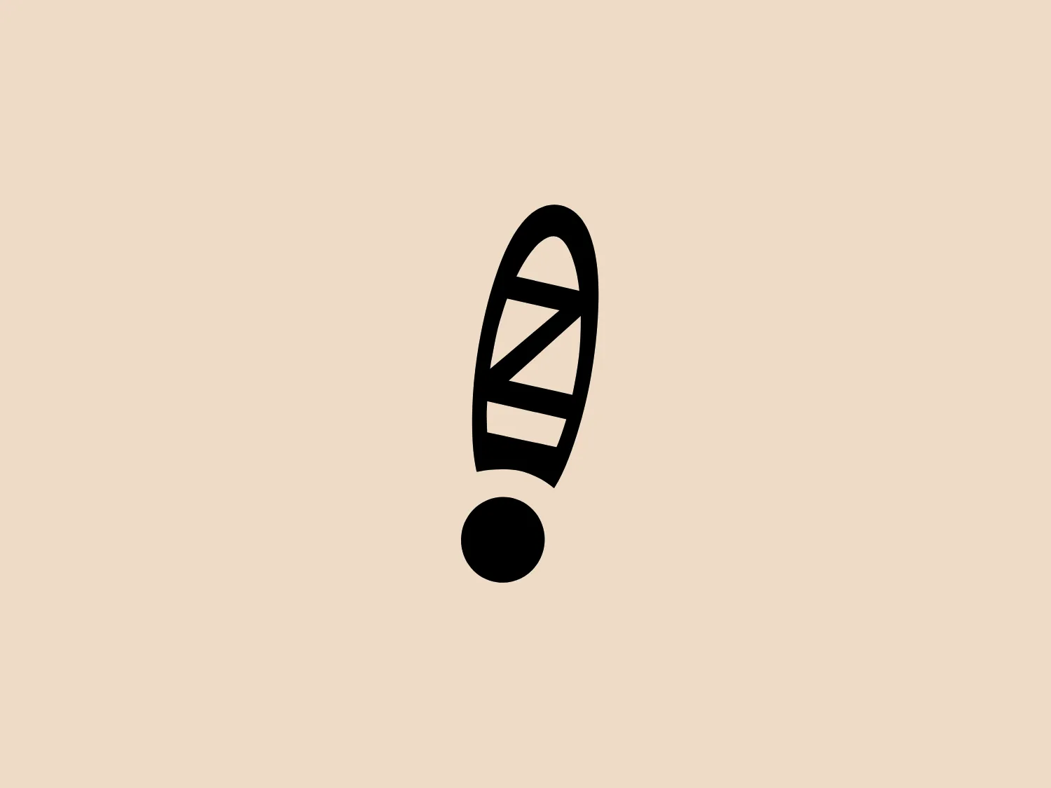 The Zappos logo is a stylized representation of an exclamation point with a modern and minimalist design. The main shape is a vertical elongated lozenge with diagonal lines cutting across it, creating a sense of three-dimensionality. Beneath this, a solid circle forms the dot of the exclamation mark. The entire logo is in black, providing strong contrast that would stand out against various background colors. A lighter background would complement the logo well due to its simplicity and high contrast.