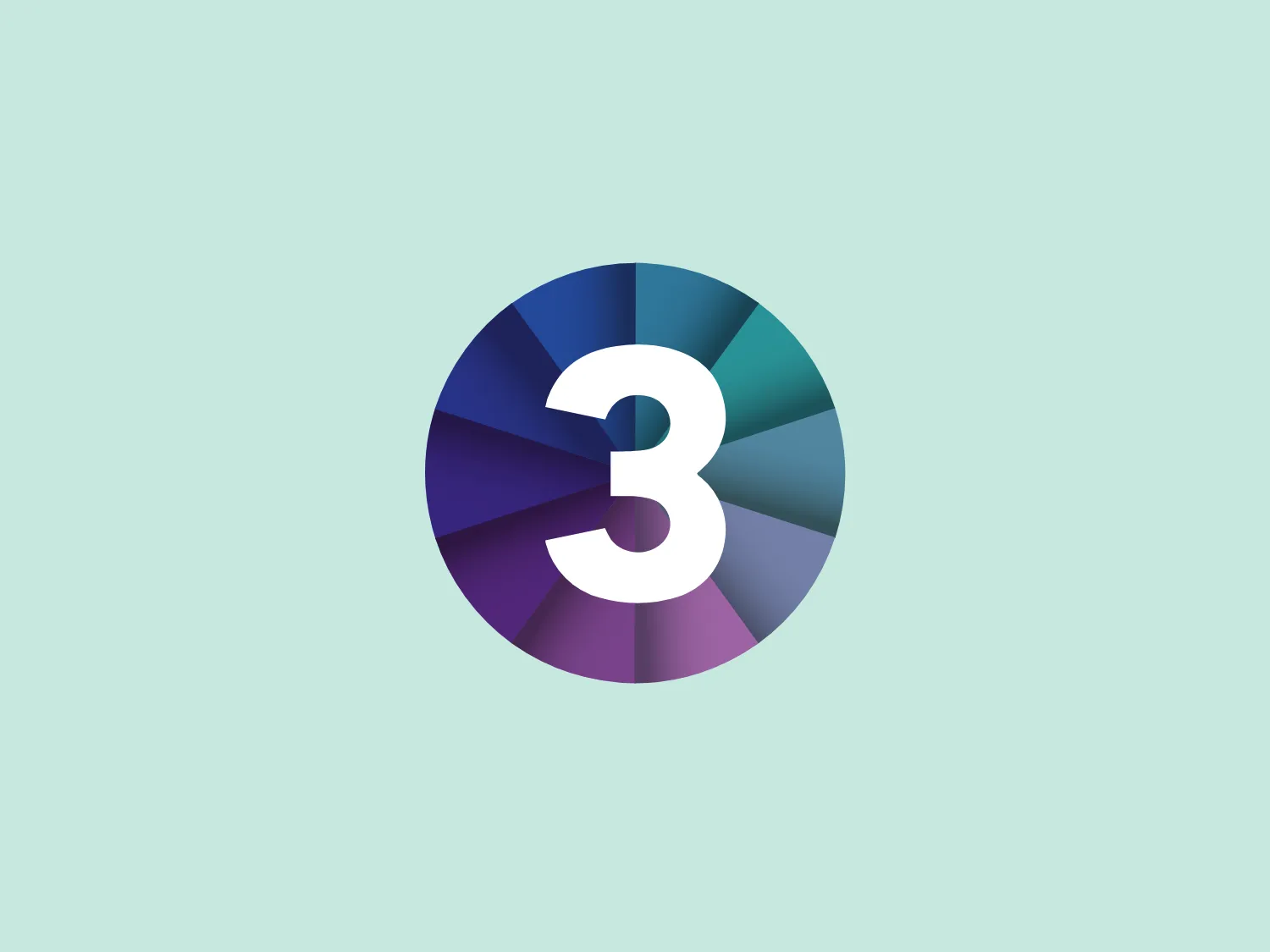 The SABC 3 logo features a stylized number 3 at its center, depicted in a bold, sans-serif typeface with a slight italicization, giving it a dynamic feel. Surrounding the numeral is a series of concentric circles made up of slices that alternate in color. These slices transition smoothly through a spectrum of cool hues, ranging from deep purples, blues, and greens to teal, creating a visual effect similar to that of a camera aperture or the blades of a turbine. The design exudes modernity and technological sophistication, hinting at dynamism and innovation. The use of gradients in the slices adds a sense of depth and dimensionality to the overall design.