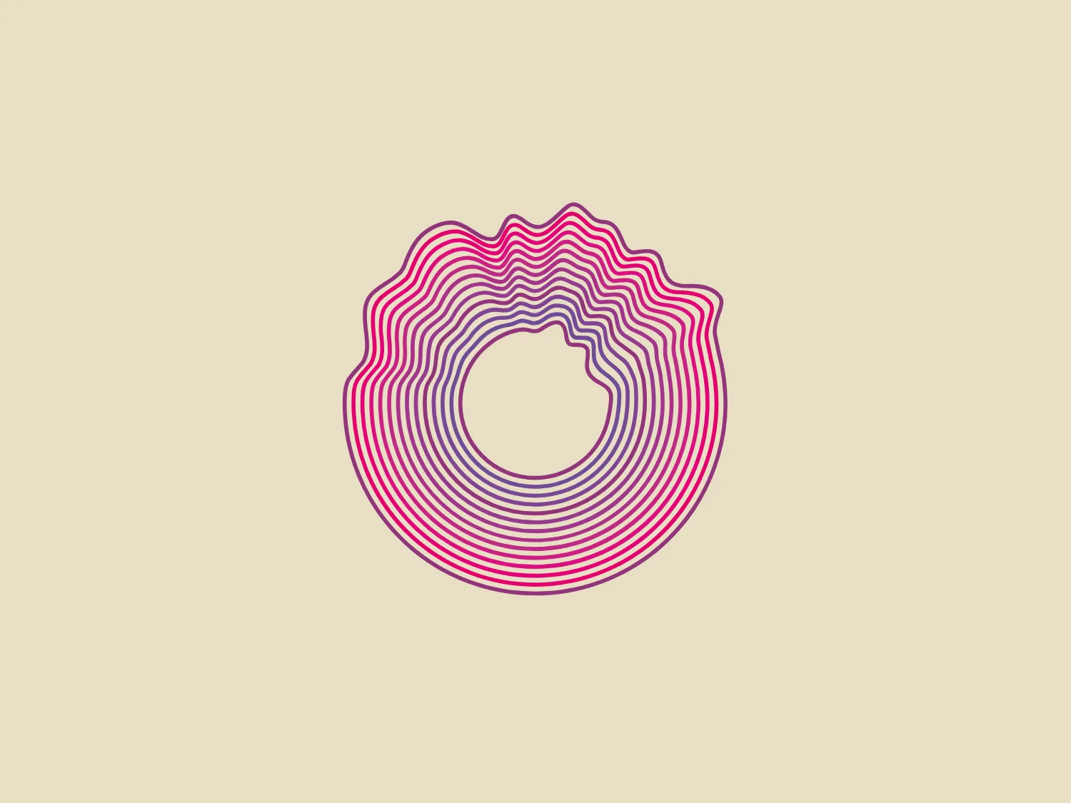 The Hamilton Philharmonic Orchestra logo displayed is a modern, abstract design consisting of concentric shapes that form a stylized letter "O". The shapes are reminiscent of topographic lines on a map or the grooves of a vinyl record, suggesting depth and movement. The color gradient transitions smoothly from magenta at the bottom to a deep violet at the top, creating a sense of vibrancy and energy. The lines vary in thickness, and their undulating pattern gives the logo a dynamic and rhythmic quality. The white space in the center emphasizes the geometric precision of the design. Given the vibrant hues of the Hamilton Philharmonic Orchestra logo, a more understated background would complement it well.