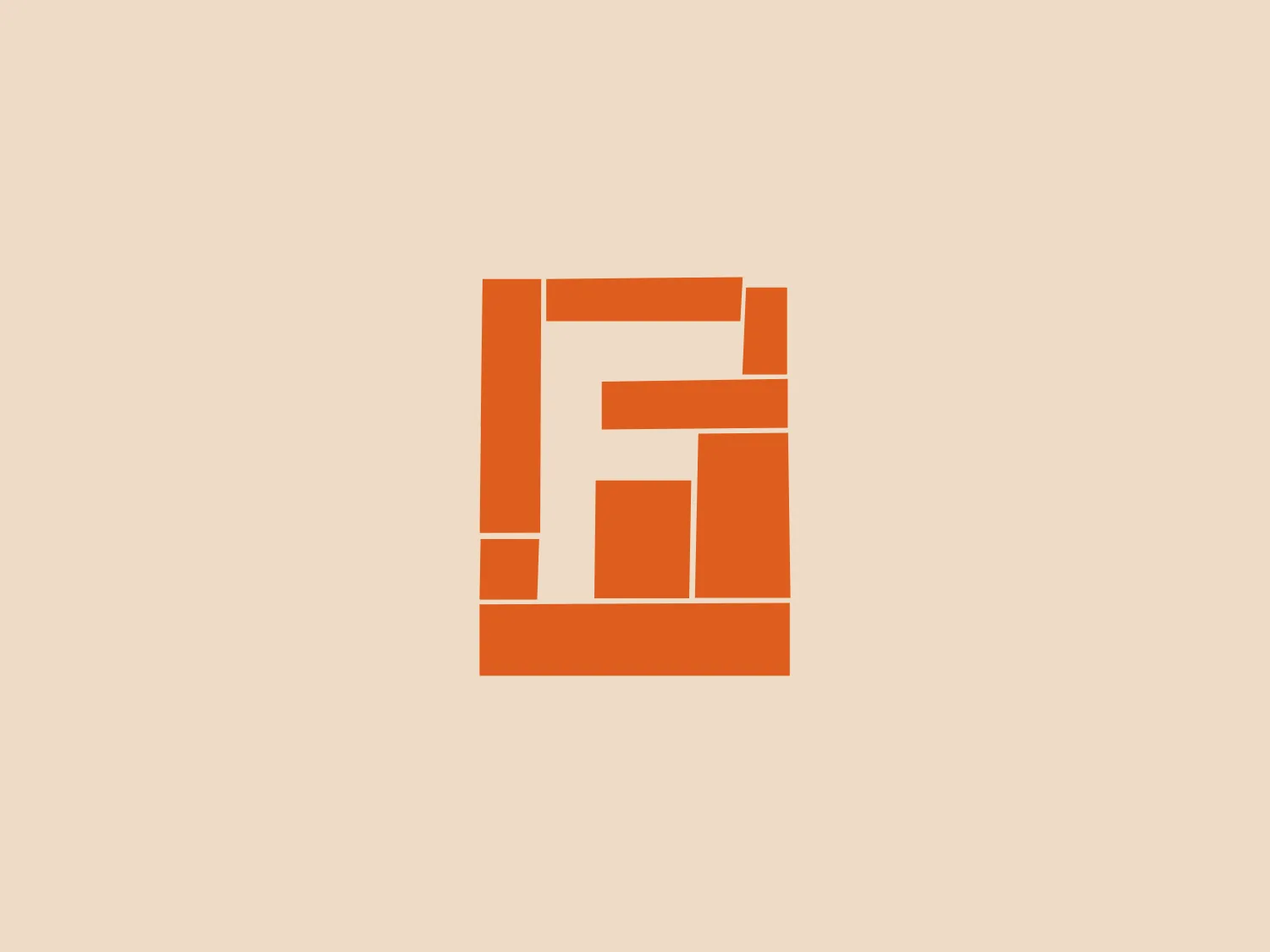 The Farmigo logo features a bold, modern design composed of geometric shapes forming a stylized letter, reminiscent of a monogram. The composition is primarily made up of rectangles and squares with clean lines and right angles, creating a sense of stability and structure. The color is a striking shade of orange, which conveys energy and creativity. The interlocking shapes suggest connectivity and integration. Given the vividness of the orange, a softer background would complement it well without competing for attention.