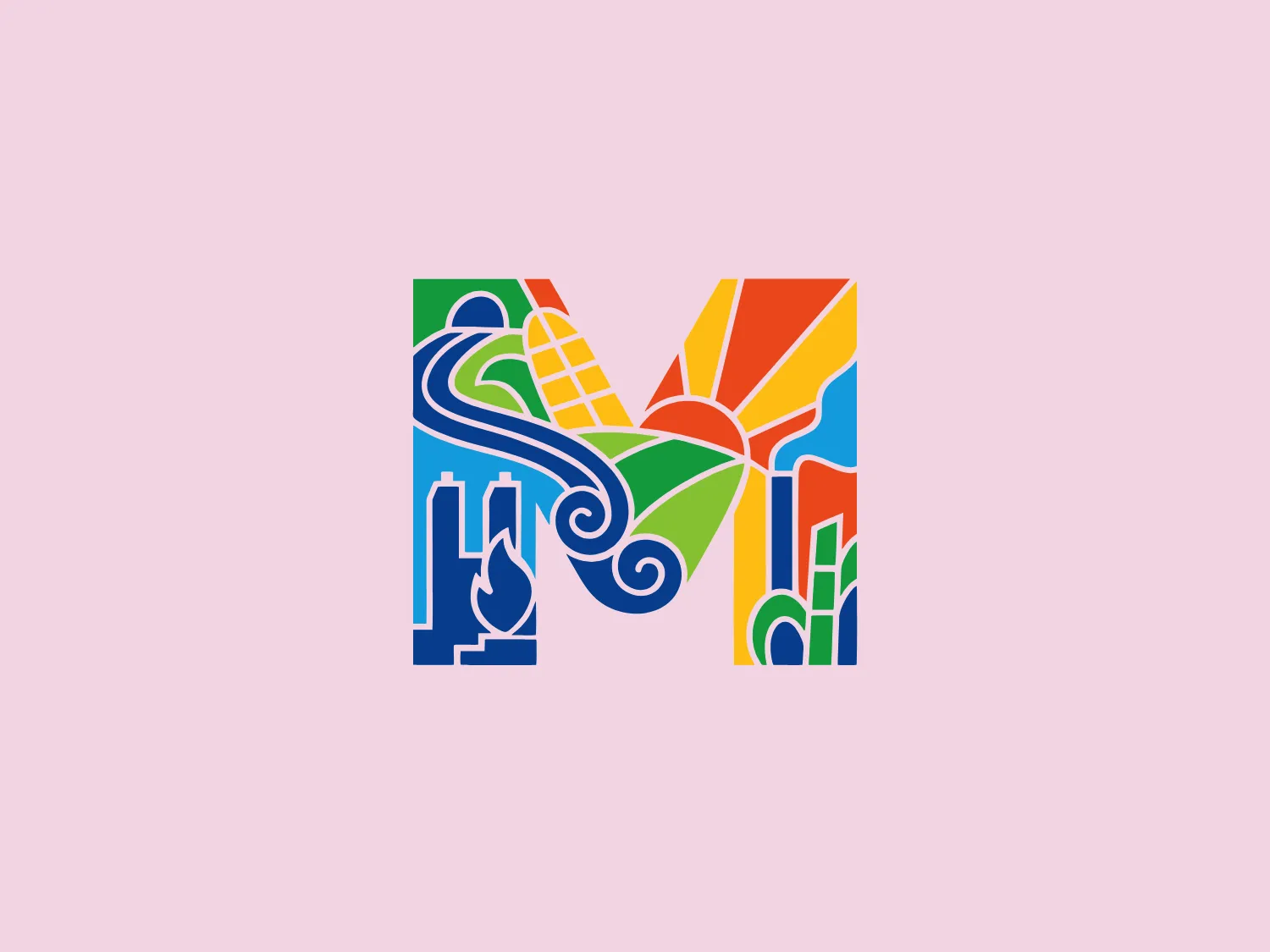 The Municipio de El Mante logo showcases a stylized "M" with vibrant, block-like segments in a blend of colors including green, blue, orange, and red. Each segment includes intricate patterns resembling scenes such as roadways, buildings, and natural shapes like leaves, suggesting Urban and environmental themes. White outlines separate the colored sections, creating a dynamic and modern aesthetic with a playful use of space within the letterform to incorporate these different patterns.