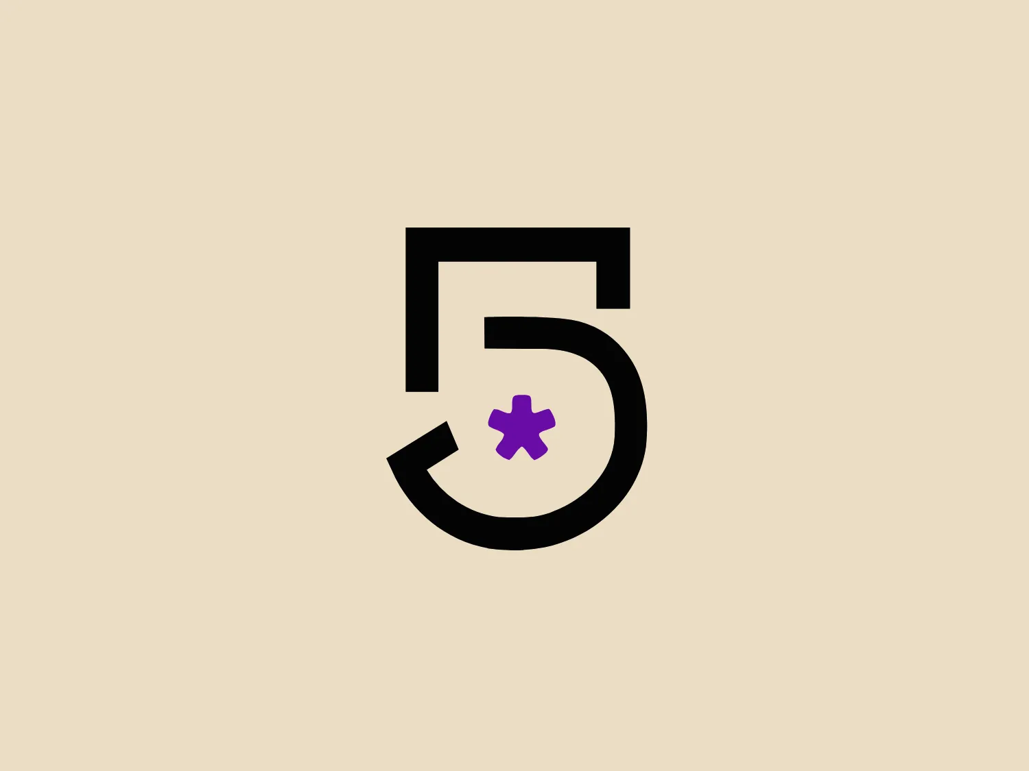 The Channel 5 Mexico logo features a bold, black numeral "5" with a modern, minimalist design. The top of the "5" appears in a typical fashion, while the bottom portion loops around in a distinctive curve, almost suggesting a sense of motion or cyclical return. At the center of the lower loop, there lies a purple asterisk with eight points, adding a pop of color and visual interest. The asterisk's placement might suggest innovation or special significance. The sharp angles and circular curve blend to give the logo a fresh and dynamic feel, suitable for a brand that values contemporary style and impactful messaging.
