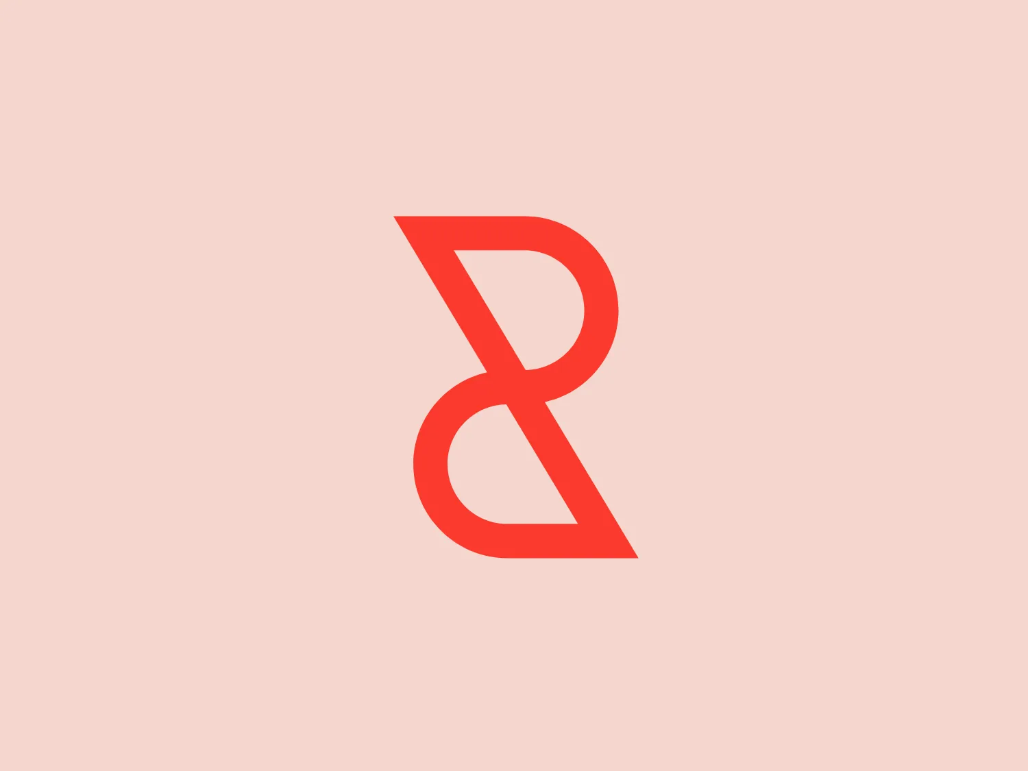 The Rentle logo features a stylized letter presented in a vivid orange-red color. It's a modern and minimalist design, composed of geometric shapes that come together to form a letter that resembles the mix of "B" and "R." The shape is smooth with no sharp corners, suggesting a sleek and contemporary aesthetic. The lines are of uniform thickness, giving the logo a bold and balanced appearance. The logo is flat with no gradient or shadow, adhering to a clean and simple graphic style.