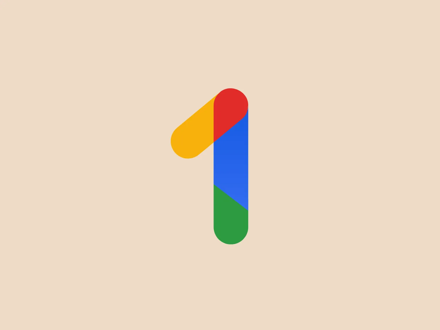 The Google One logo showcases a stylized number "1" consisting of four distinct color sections. The top section transitions from a bright red to a deep blue, followed by a vibrant green block, and then features a forest green stripe at the bottom. The playful and modern design of the "1" is slightly tilted to the right, lending it a dynamic and forward-moving appearance. The fluid and contemporary aesthetic is enhanced by smoothly curved boundaries between the color sections.