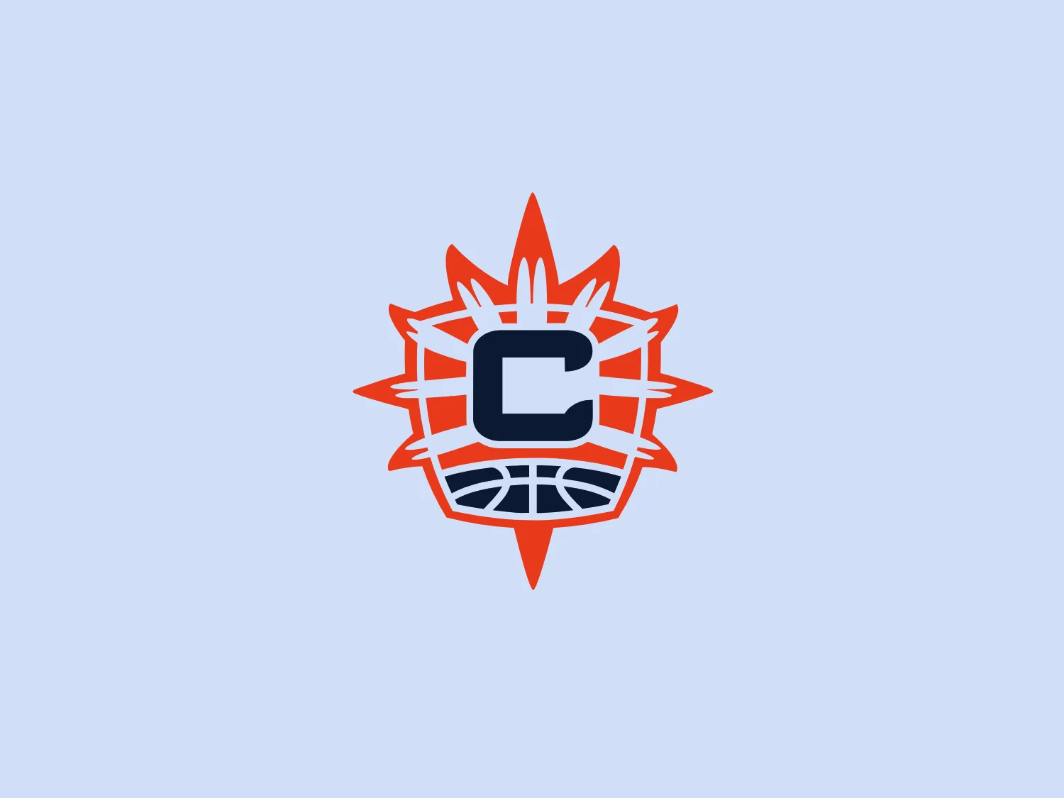 The Connecticut Sun logo features a stylized letter 'C' in dark blue, surrounded by a burst of abstract shapes in orange that suggest a combination of a sun and a basketball. The 'C' is bold and has a modern, blocky design, standing in the center of the image. The sunburst pattern around it accentuates a dynamic, energetic vibe, implying motion and excitement. This logo's sports association is further hinted by the half-basketball design at the bottom, with its curved lines and details that resemble the seams on a basketball. The choice of contrasting colors—orange and dark blue—adds to the vibrancy and ensures the Connecticut Sun logo stands out.