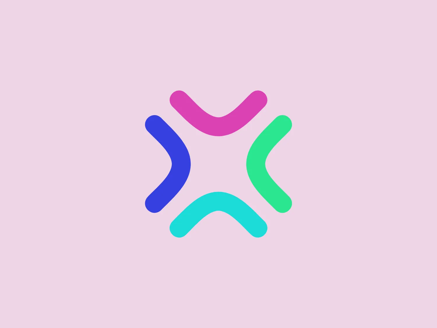 The Xentral logo features a stylized, abstract design resembling a blooming flower and a dynamic star. It consists of four curved spokes or petals in light pink, turquoise, royal blue, and pastel purple. The curves taper as they radiate outwards, interconnected at the center, suggesting movement and unity. The design is modern and playful, with a friendly and approachable feel due to the soft edges and pastel color palette. The overall aesthetic is clean and minimalist, indicative of contemporary design trends.