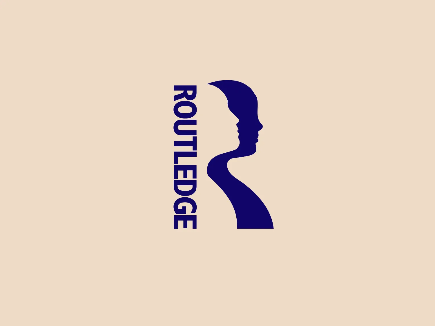 The Routledge logo features a clever design with a white negative space forming the silhouette of a person’s profile within a dark blue foreground. The foreground shapes create an impression of a flowing ribbon or a flipped 'R' that outlines the face, with the white space defining the features. The solid, bold dark blue color and the text "ROUTLEDGE" in capital letters aligned vertically to the right of the silhouette match the main color. The font is clean and modern, complementing the contemporary aesthetic of the logo. The minimalistic design evokes themes of identity, knowledge, and perspective.