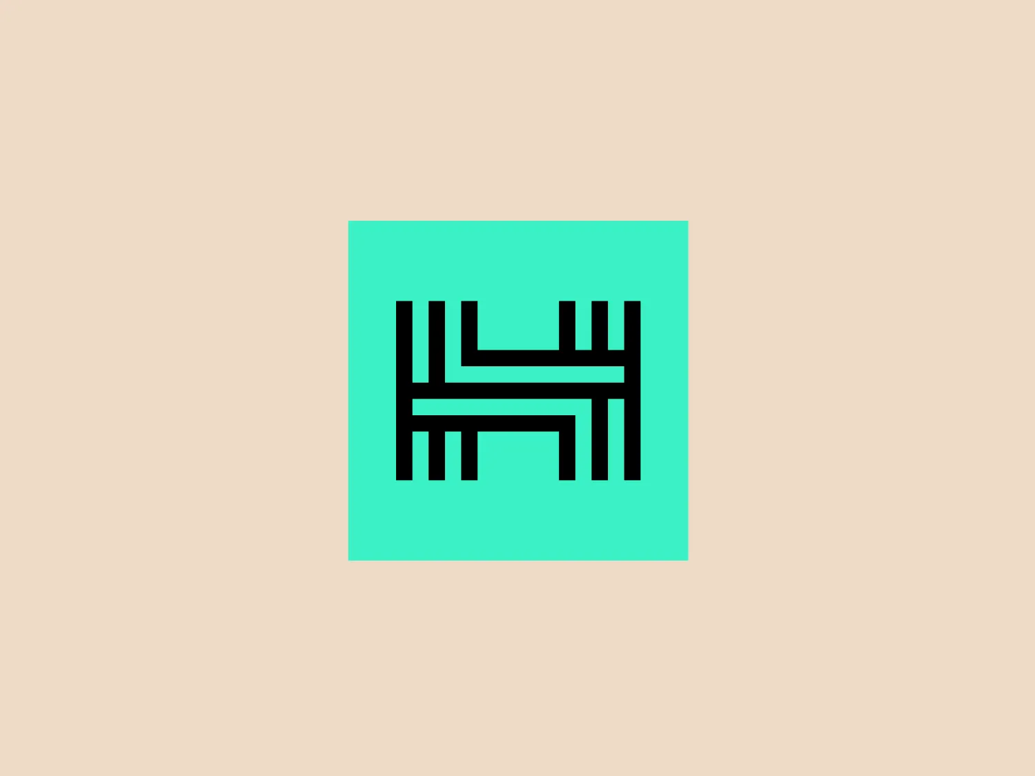 The Hacken logo features a stylized, geometric design with bold, black interlocking shapes against a solid teal background. The central shape resembles an abstract letter "H" composed of perpendicular lines and additional vertical lines extending from the top and bottom, giving it a symmetric, maze-like appearance. The overall design aesthetic is modern, minimalist, and easily scalable for various uses. Considering the teal color of the logo's background, a neutral and light backdrop would complement it well.