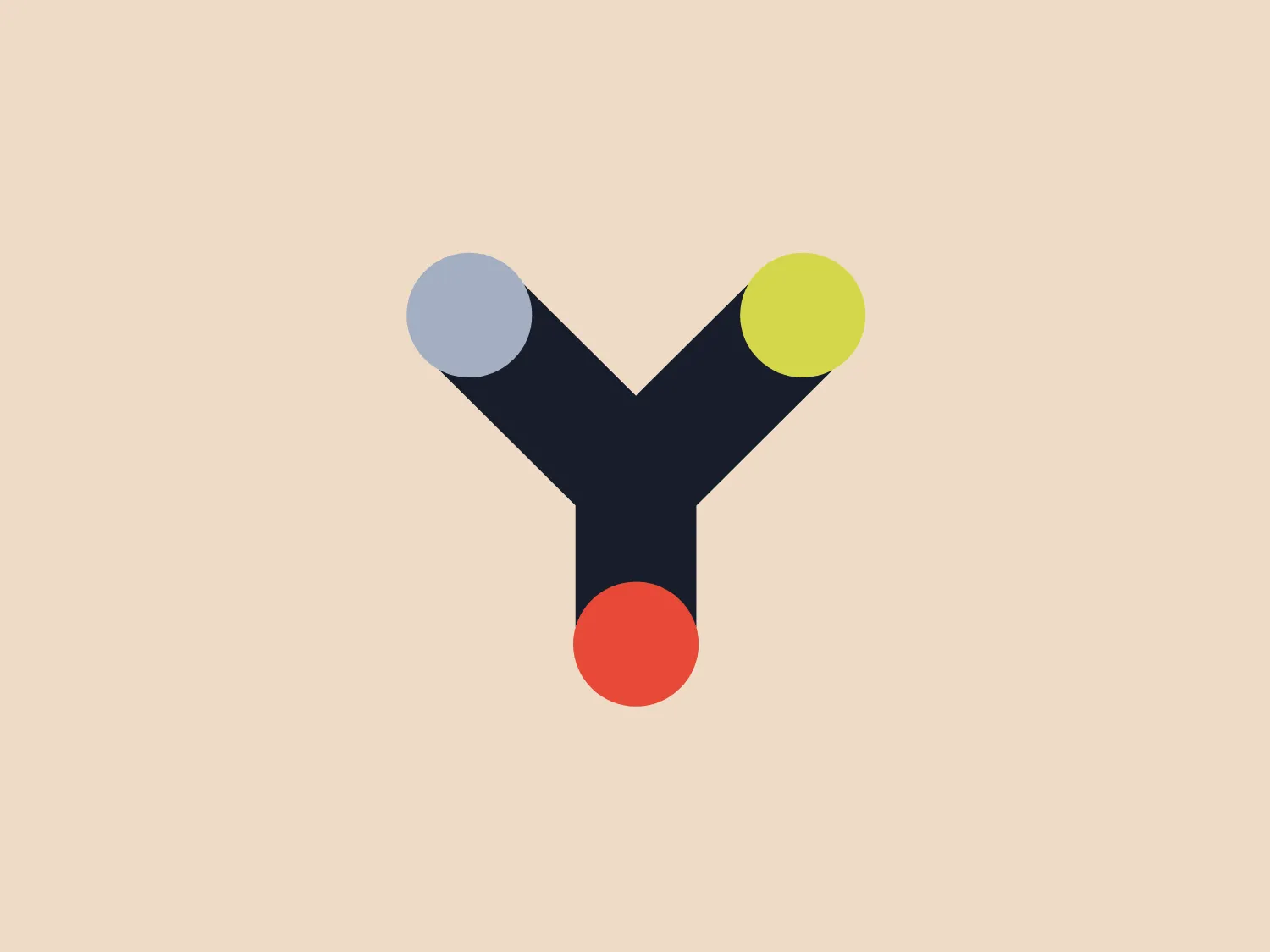 The Yubi logo features a stylized uppercase 'Y' shape in a dark tone, likely representing stability or a strong foundation. At each of the three endpoints of the 'Y', there is a colored circle: one is a soft blue-grey, another a muted red, and the last one a light olive green. These three dots may symbolize variety or different components coming together at a central point. The overall design is modern, clean, and minimalistic, with a flat design aesthetic that conveys simplicity and ease of recognition. The circles add a pop of color to the primarily dark 'Y' shape, which grounds the design visually.