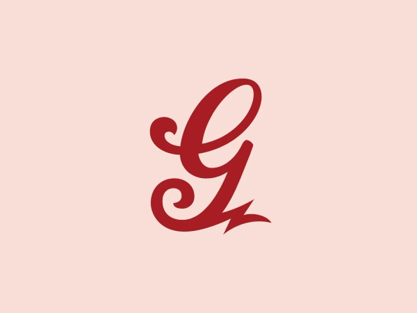 The elegant and stylized Great Raft logo features a cursive letter that combines a "g" and an "L". The continuous, fluid strokes create a spiral at the top and a sharp, lightning bolt-like tail at the bottom. The bold and sophisticated deep, rich shade of red enhances the modern design aesthetic, conveying class, dynamism, creativity, and energy.