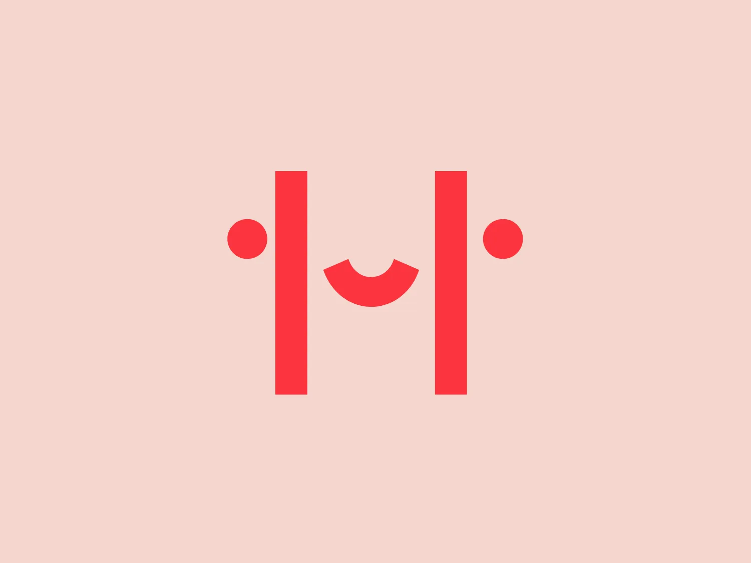 The image depicts a stylized, minimalistic logo with a modern aesthetic, featuring geometric shapes in a vibrant coral color. The Hugosave logo consists of two vertical bars of equal thickness, with a solid circle placed near the top of each bar. Between these vertical elements, a smaller, semi-circular shape forms what appears to be a smiling mouth, imparting a friendly and approachable character to the design. The simplicity of the shapes and the use of negative space create a clean and memorable visual identity.