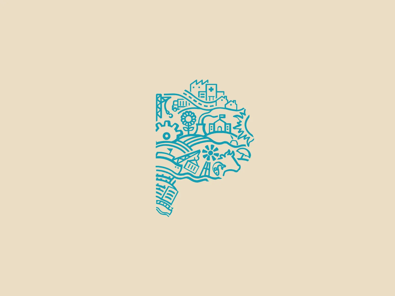 The Buenos Aires Provincia logo is a stylized, elaborate circular shape with interconnected elements and icons symbolizing urban life, technology, and the environment. The vibrant teal logo contains buildings, gears, a sun, leaves, and possibly modes of transportation or communication. The finely detailed line art, with thin lines and negative space, presents a harmonious blend of nature and urban elements. It conveys sustainability and interconnectivity within a city or community with a clean, modern aesthetic.