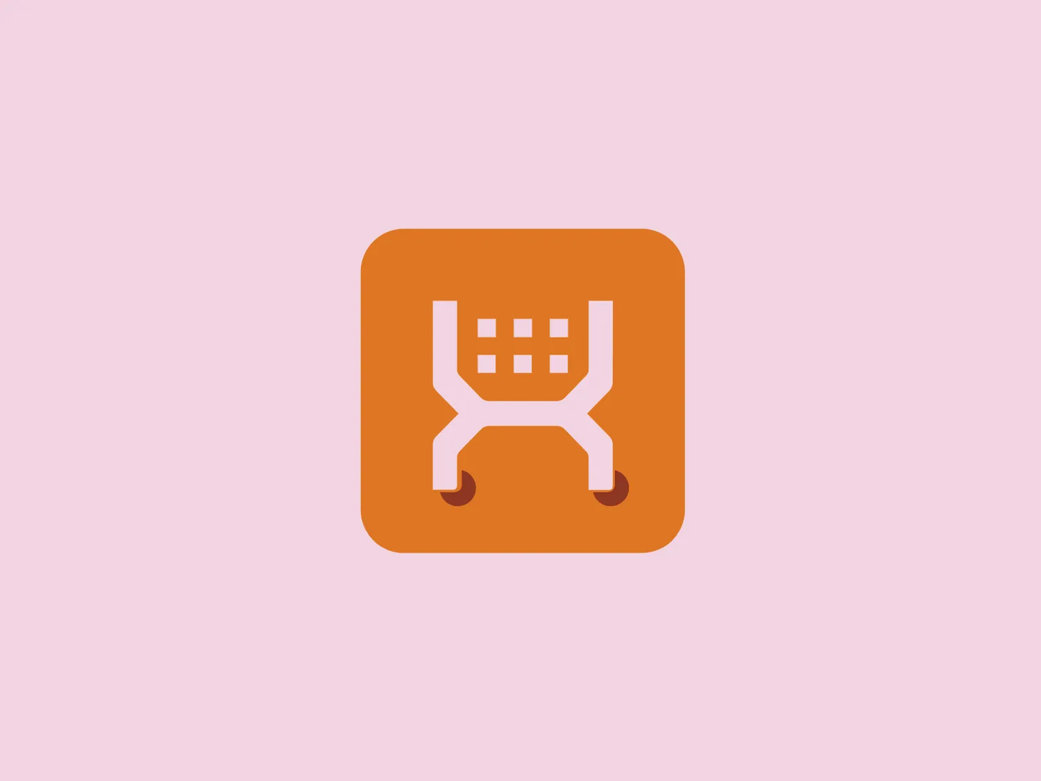 The X Cart logo introduces a stylized shopping cart depicted with simplified geometric lines and shapes. Encased in a rounded square, it exudes the feel of a mobile app icon. Against a bold orange backdrop, the white cart exudes a welcoming and approachable brand character. An interesting detail is the four small squares within the cart, hinting at items inside or a grid design. The logo showcases a minimalistic, modern, and clean look, prioritizing functionality and easy recognition.