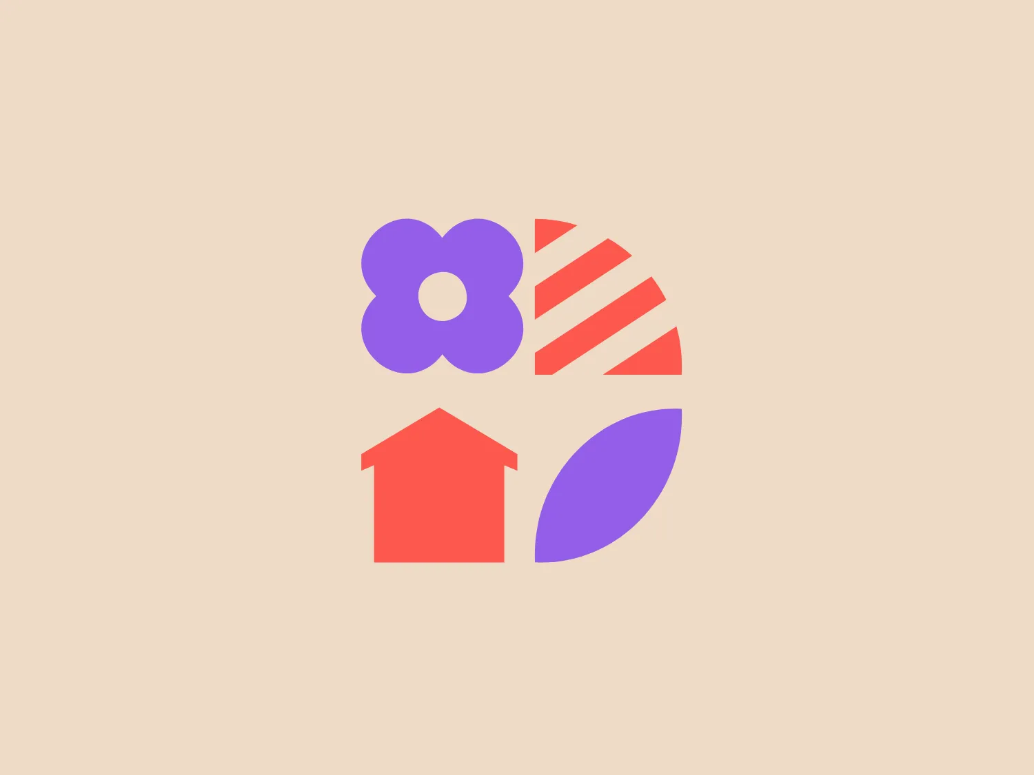 The Deeyeo logo consists of a stylized arrangement of four different symbols with a varied color and shape, creating a balanced, quadrant-style layout. On the top left, a lilac-colored flower with rounded petals introduces an organic element. Adjacent to it, the top right features an abstract shape with orange and white stripes, adding a dynamic quality to the design. The bottom left includes a simple, solid coral red house silhouette which grounds the logo with a familiar icon. Completing the design on the bottom right is a large, purple leaf or teardrop shape that provides a smooth, flowing counterpoint to the more geometric shapes. The overall aesthetic is playful and modern, with a pastel color palette that conveys approachability and friendliness.