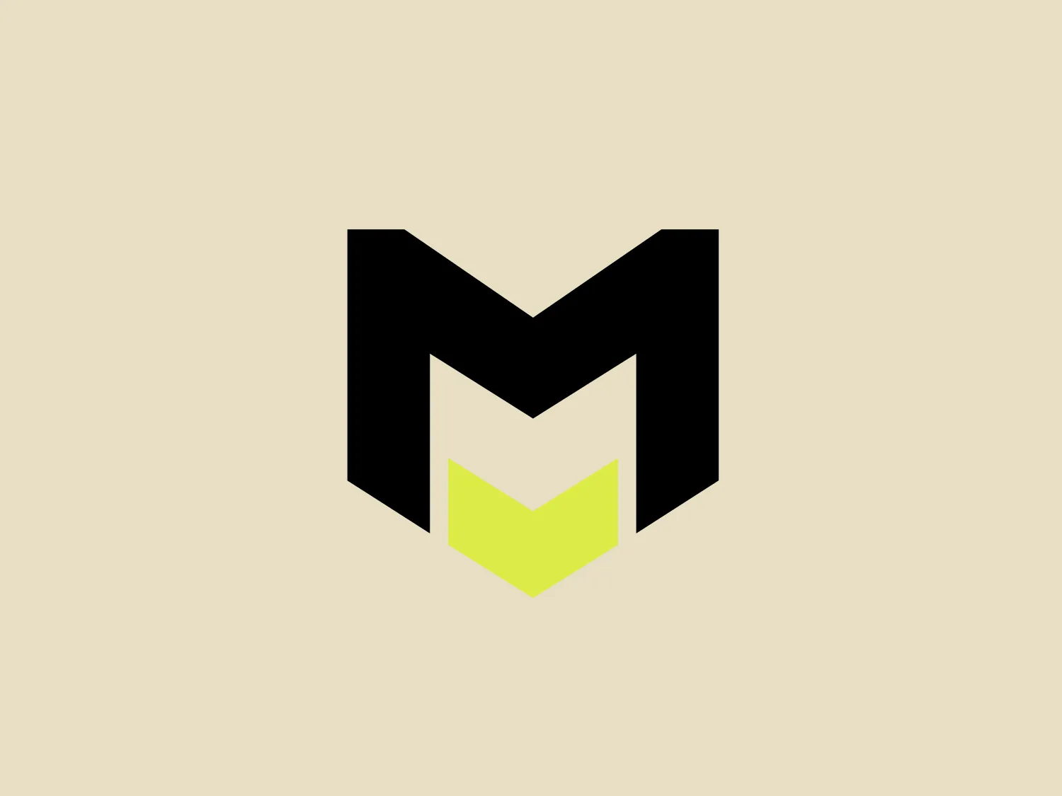 The Meret logo presents a stylized letter 'M' with a bold, geometric design. The main part of the 'M' is solid black, creating a strong contrast with the white background. Additionally, there is an inverted 'V' or chevron shape nested within the larger 'M,' filled with a bright yellow color, adding vibrancy to the design. The negative space between the black shapes of the 'M' and the yellow chevron creates a smaller, secondary 'M' shape, resulting in a modern, clean, and professional aesthetic.