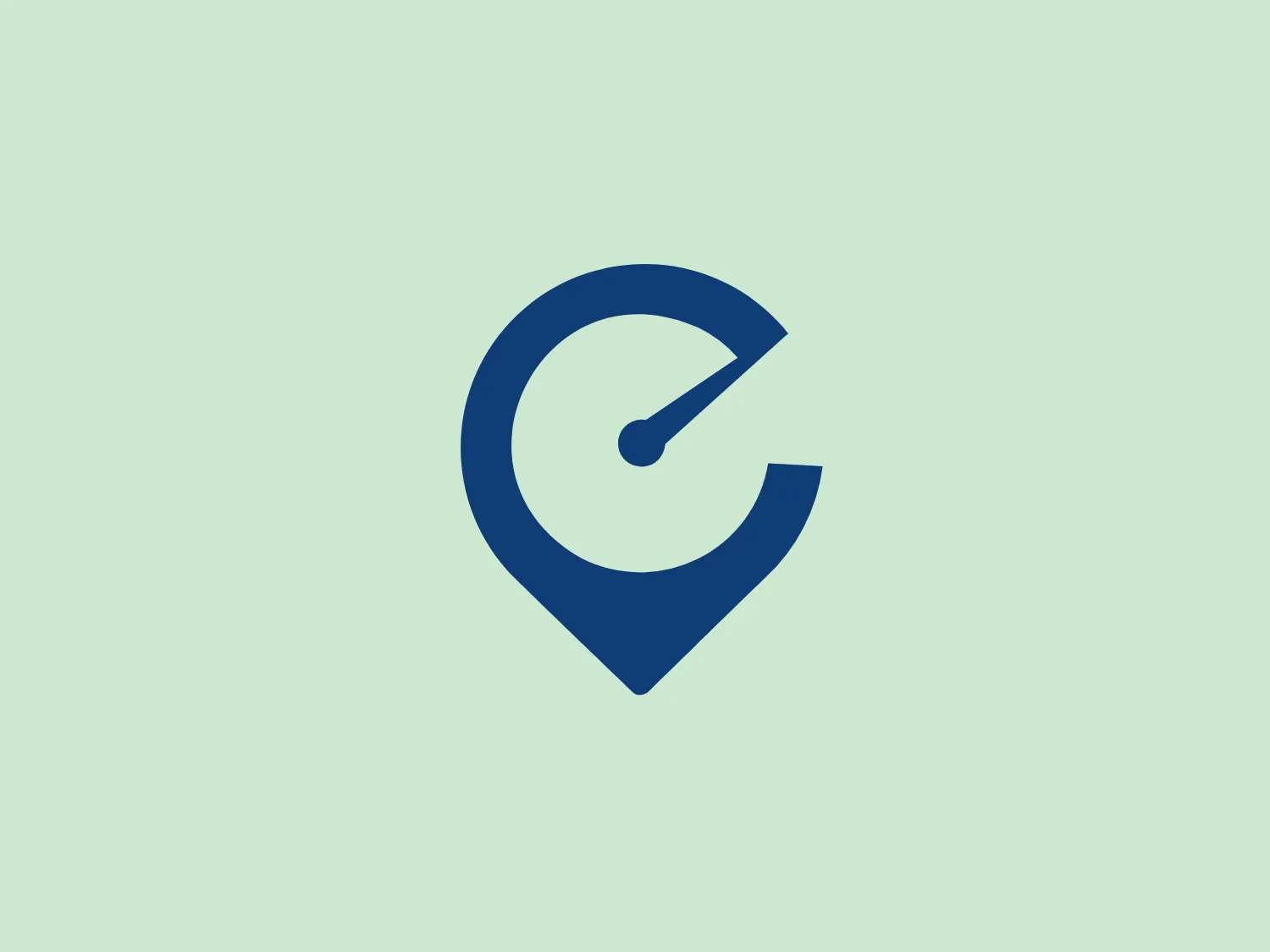 The Easy Carros logo is a stylized combination of a speedometer and a location pin, depicted in a single solid dark blue color. The overall shape resembles a location pin, recognized from digital maps, with a pointed tip at the bottom and a wider, rounded top. Within the contour of the pin is the silhouette of a speedometer's dial and needle, positioned to indicate a high speed or progress. The needle’s motion suggests dynamism and precision. The design is modern and minimalistic, with a tech-oriented or navigation-related aesthetic.