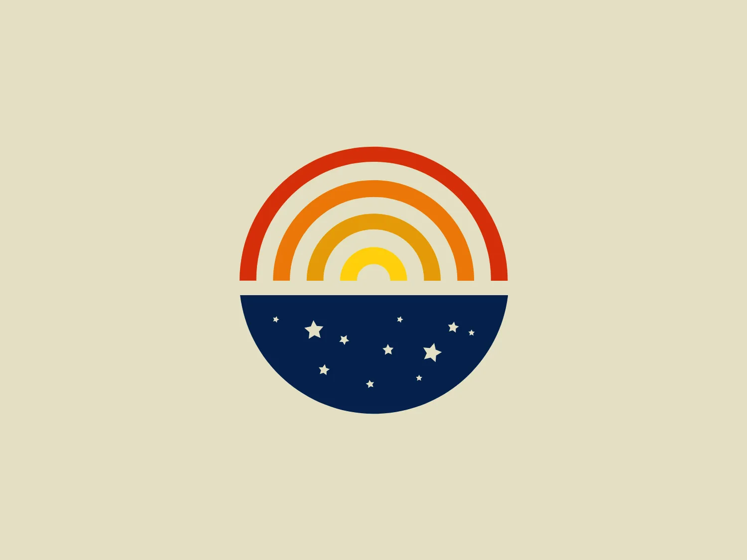The Equinox Medical logo consists of a stylized semi-circle or bowl shape, divided horizontally into two distinct parts. The upper portion contains four arched bands in a gradient of warm colors ranging from dark orange to lighter yellow tones, creating a sunrise or sunset motif. The lower half is a solid navy blue with seven white stars arranged in a subtle arch, reminiscent of a night sky or a flag-like symbol. The overall design aesthetic of the Equinox Medical logo is somewhat minimalist with clean lines and bold colors, and it carries a strong sense of contrast between the warm, vibrant upper half and the cool, serene lower section with celestial elements.