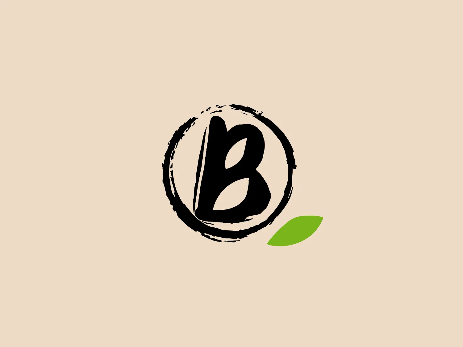 The Berief Food logo combines a hand-drawn, bold black letter 'B' at its center, exuding an informal and personal touch. This is encircled by a sketch-like circle, enhancing the handcrafted style. Additionally, a vibrant green leaf-like shape is positioned to the lower right, symbolizing a connection to nature or growth. The overall aesthetic is organic and approachable, reflecting individuality, and sustainability.