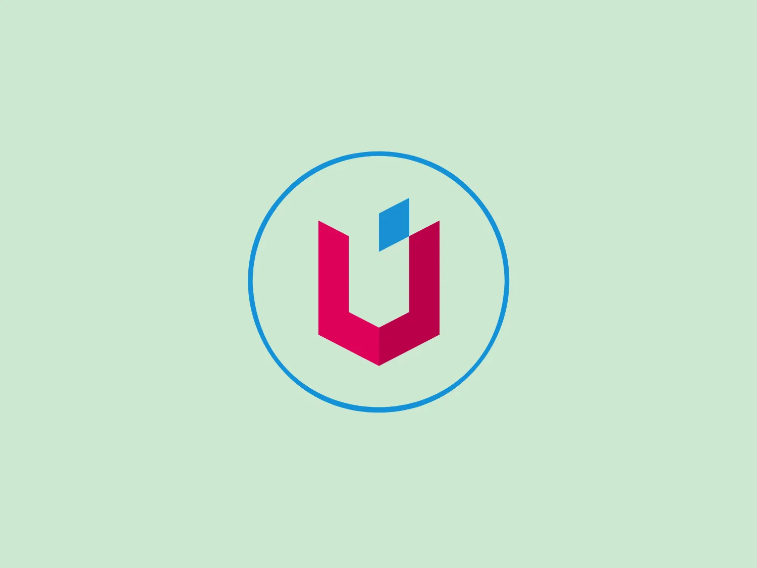 The Unilogic logo features a modern and minimalistic design with a stylized, abstract letter "U" in a deep magenta color. The "U" has a subtle 3D effect with a gradient that transitions to a lighter pink shade, and a small blue notch inserts into the top right corner, adding depth and contrast. The "U" is centrally placed within a light blue circle, creating a balanced and clean aesthetic suitable for tech or creative industries.
