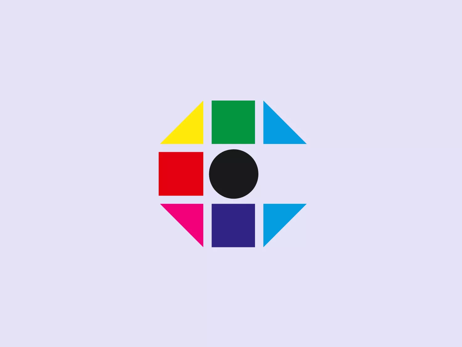 The Cassochrome logo is a striking composition of geometric shapes forming a stylized eye. It consists of a central black circle surrounded by six colorful shapes: a red square, a green rectangle, a yellow triangle, a blue parallelogram, a pink trapezoid, and a light-blue triangle, all contained within a rounded, hexagonal outer boundary. Thin white lines accentuate the segmentation, creating a modern aesthetic with bold primary colors and clean, clear lines, evoking a sense of vision or perspective.