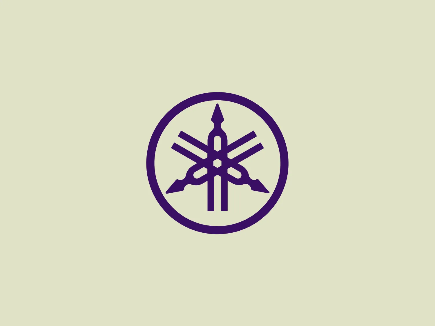The Yamaha logo features a symmetrical, abstract design with a central vertical element flanked by four pairs of horizontal and diagonal strokes, creating a balanced and dynamic appearance. The color of the logo is a solid, vibrant purple, which suggests creativity and originality. This emblem resides within a perfect circle, reinforcing the sense of unity and completeness. The simplicity of the design allows for versatility and easy recognition.