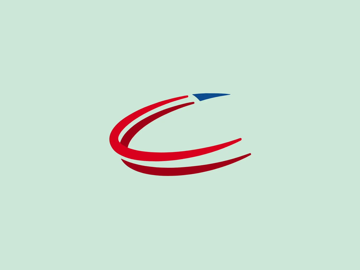 The Clinton Airport logo is composed of a stylized, abstract image comprising three swooping curves that converge at one end, giving the impression of movement or rotation. The two prominent curves are colored in a deep, vibrant red, while the smaller curve at the peak is a contrasting shade of blue. The overall design aesthetic is modern and dynamic, suggesting speed and agility. The shapes are thick with tapered ends, contributing to a sense of acceleration and progress. This design could represent various themes, such as unity, progress, or innovation.