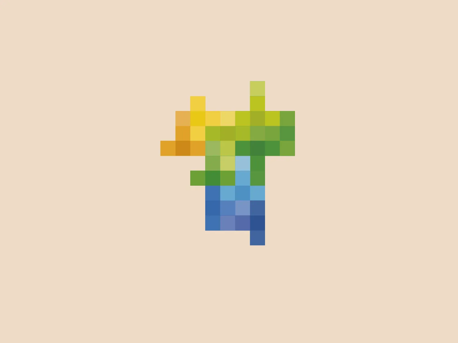 The Ticino logo features a pixelated design resembling a stylized tree composed of square blocks in a gradient of warm yellows and oranges transitioning to greens and finally cooler blues at the base. The digital and tech-inspired aesthetic cleverly alludes to growth, nature, and environmentally friendly technology. The arrangement of squares suggests structure and data, while the color scheme would be complemented by a soft and neutral background.