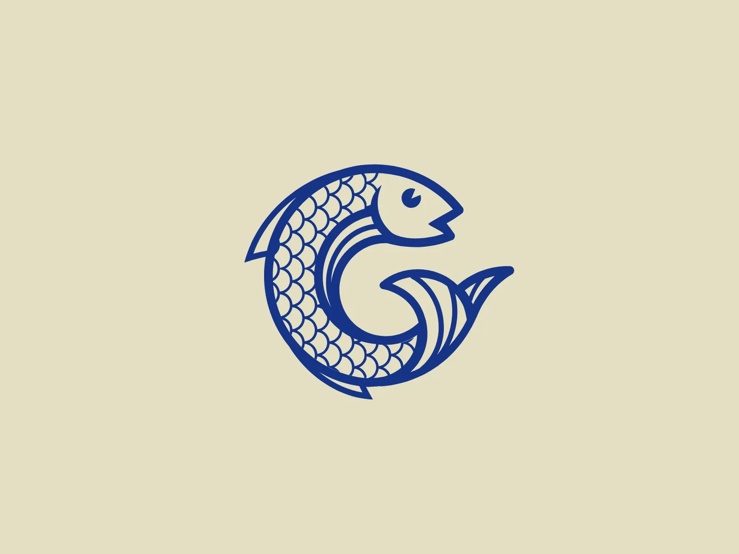 The Greenwich Fish logo features a stylized fish with a circular silhouette, designed using a sequence of interlocking lines and curves that suggest both movement and fluidity. The image consists solely of a solid, deep blue color, invoking themes of water and ocean life. Its scales are represented by a series of overlapping semicircles, decreasing in size as they progress towards the tail, which splits into a elegant, dual-fluke shape. The fish's eye is a simple circle without embellishment, providing a focal point and a sense of life to the otherwise abstracted form. The logo balances a sense of organic life with graphic simplicity, making it versatile and clear for various uses.
