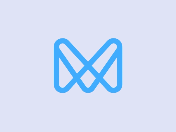 The Monese logo is a stylized, symmetrical emblem consisting of interconnected lines that form a shape resembling an abstract butterfly or a letter "M" with extended wings. The design is minimalist and geometric, with smooth curves and sharp points that are evenly balanced. It uses a singular shade of light blue, which gives it a fresh, clean, and modern appearance. The lines are both fluid and structured, suggesting motion and connectivity, which may imply this is a logo for a company or product related to technology, communication, or a service that emphasizes synergy and cooperation.
